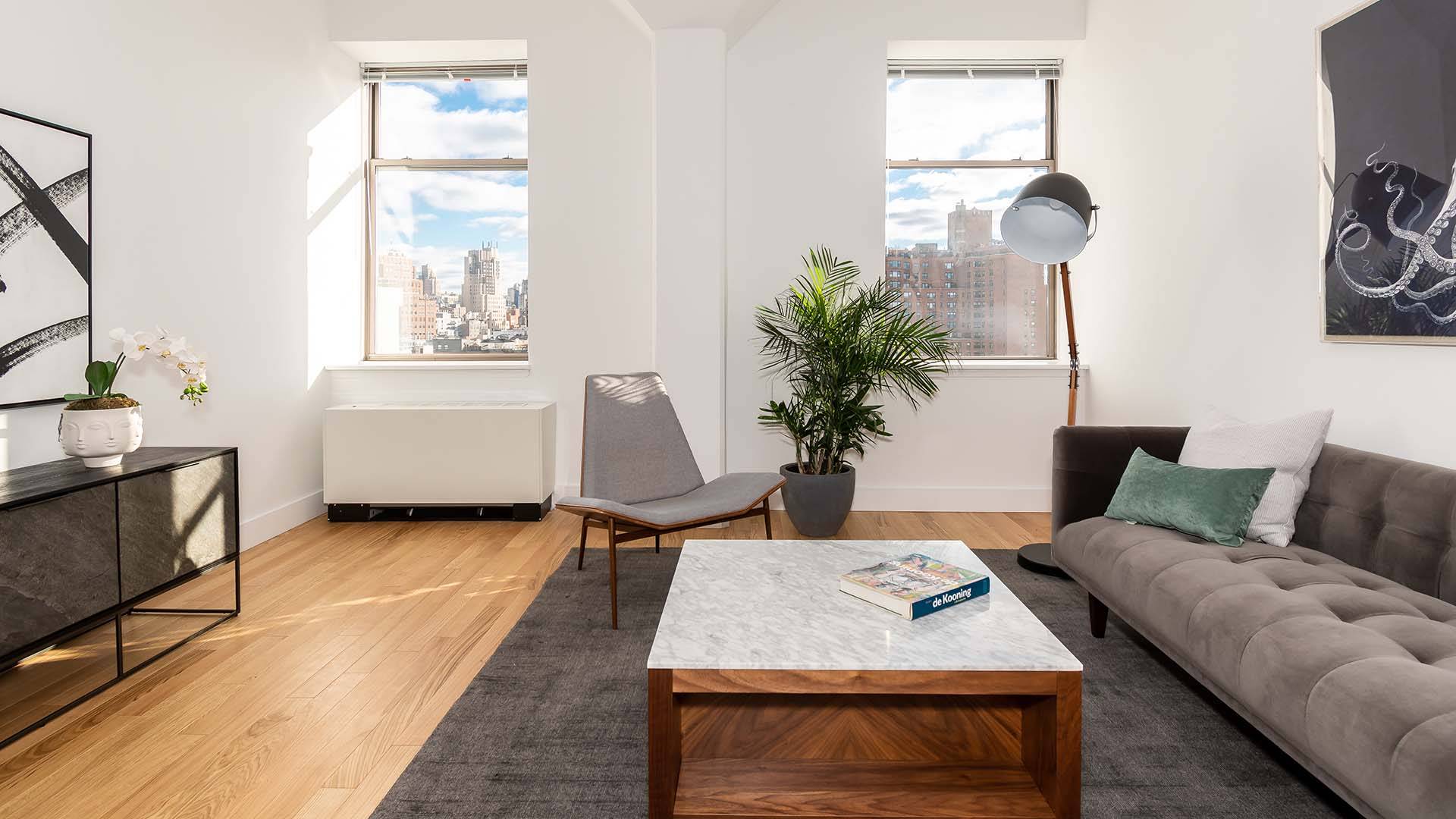 Greenwich Village 2 Bed, 2 Bath Corner Unit, Island Kitchen, Window-in-Kitchen, Dining Area, Washer Dryer, Floor to Ceiling Windows, Solar Shades, Northwest Exposure