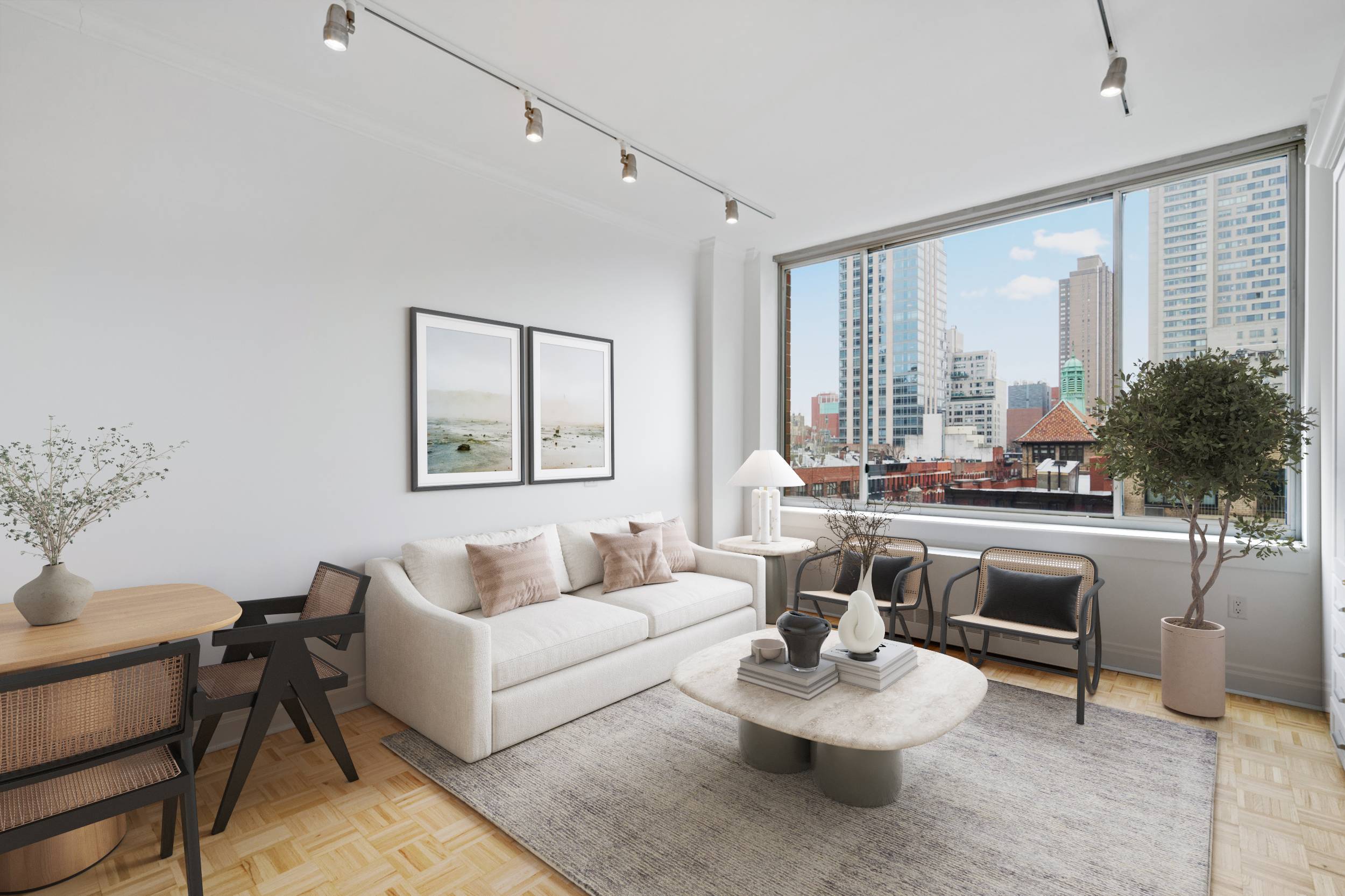 Bright, sunny, sleek and move in ready oversized studio condo in a white glove building with hotel-like amenities awaits you