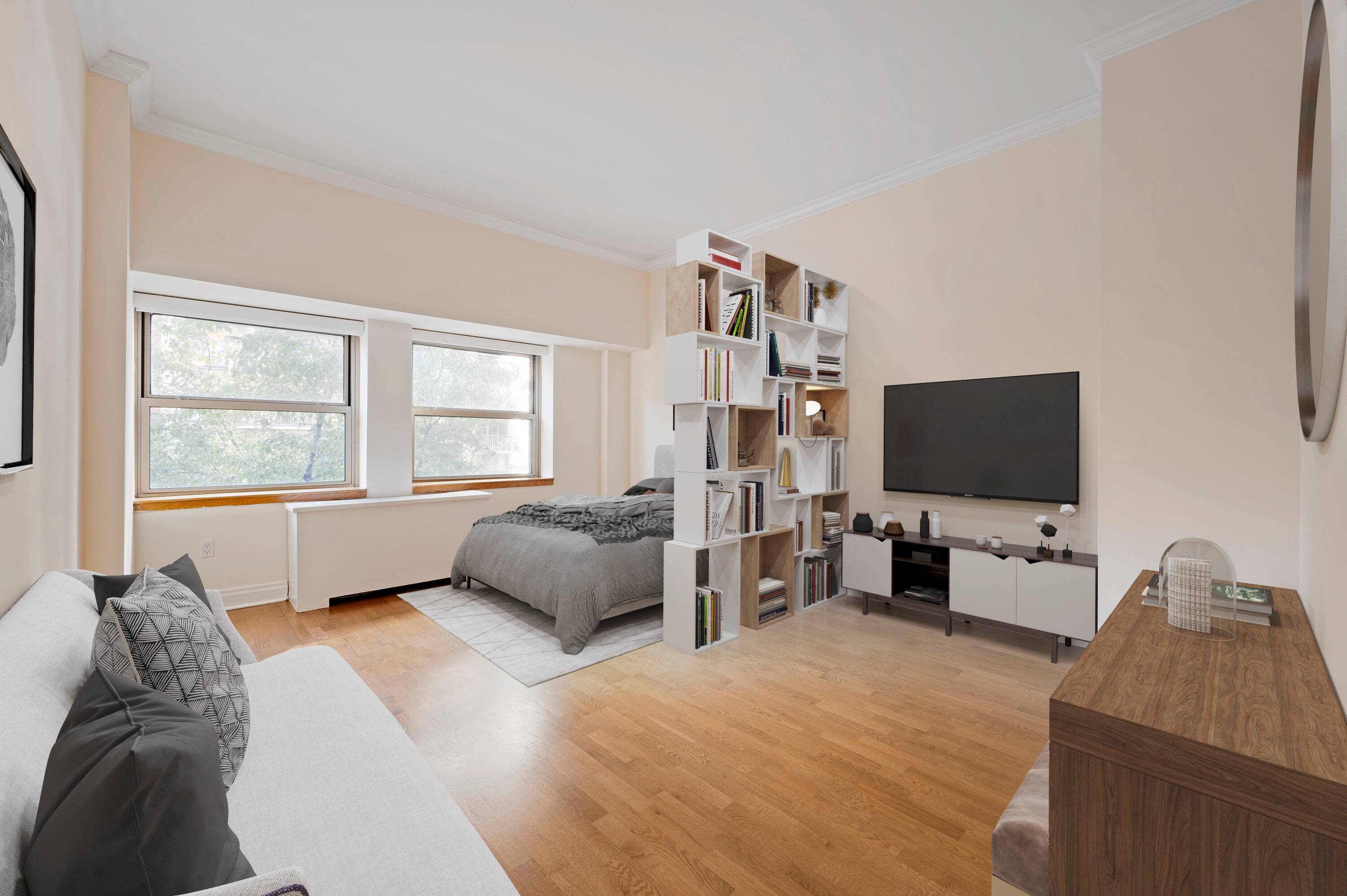 Fully renovated luxury condo studio with 10 ft ceilings, tree top views and a  full sized WD in the kitchen