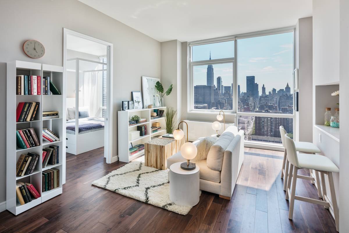 Bright and Airy 2BD/BA Located on The Highline with Dark Oak Floors, Sophisticated White Kitchens, Floor-to-Ceiling Windows, W/D, No Fee