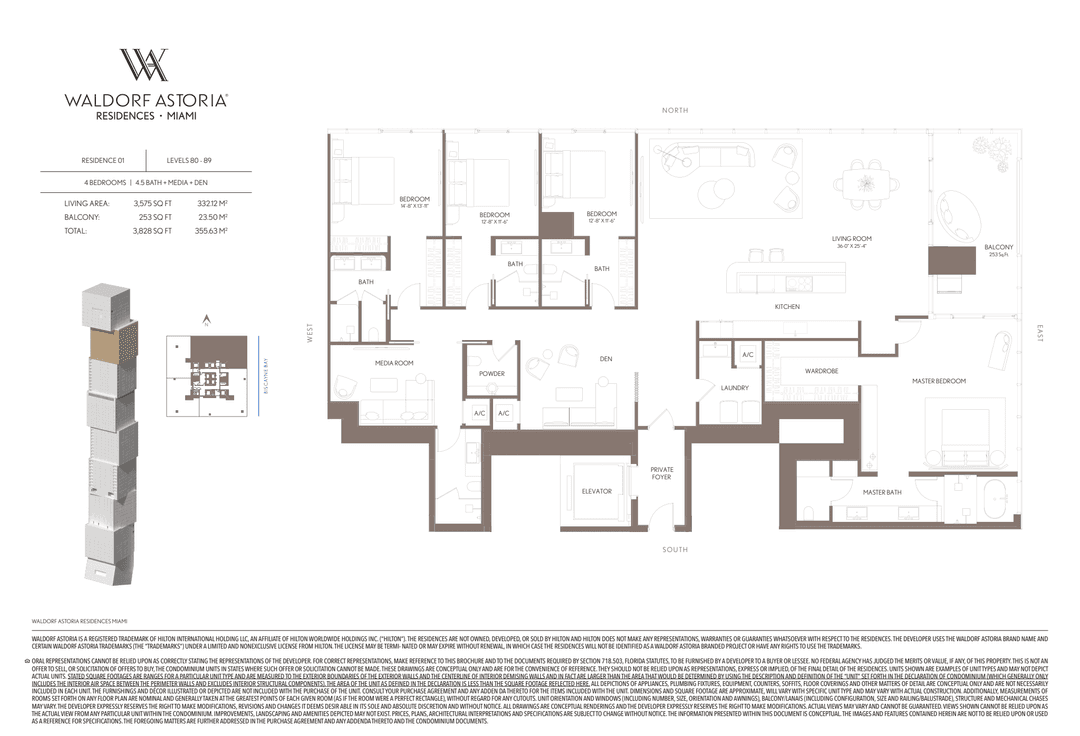 Downtown Miami Luxury Sky Villa | Waldorf Astoria Residences | 4 Chambres, 4,5 Salles De Bain | Vue sur la ville et l'eau