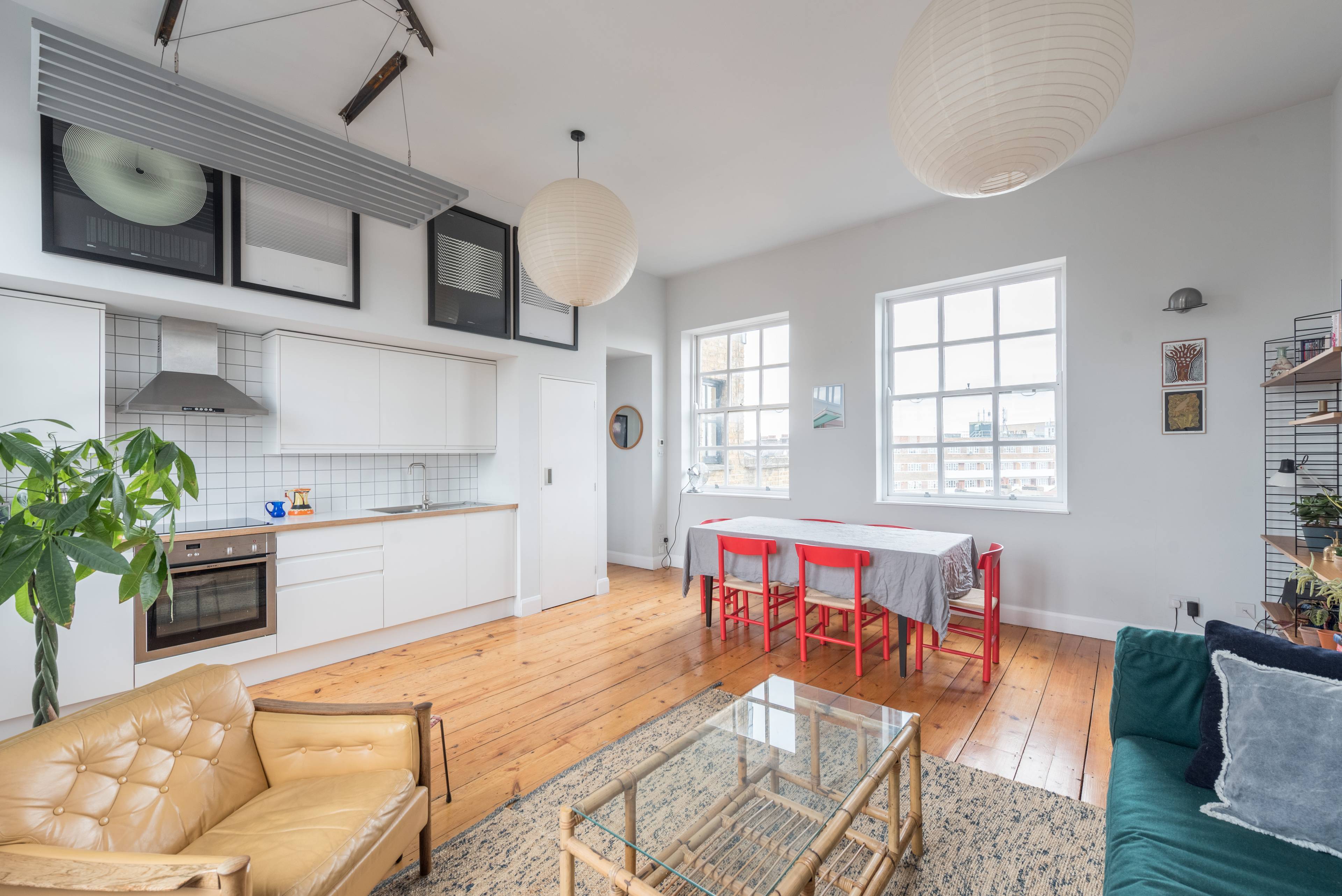 Cool one-bedroom top floor loft apartment at Albion Works, classic early 20th century industrial warehouse building, sympathetically converted into residential loft apartments during the ‘Hackney boom’.