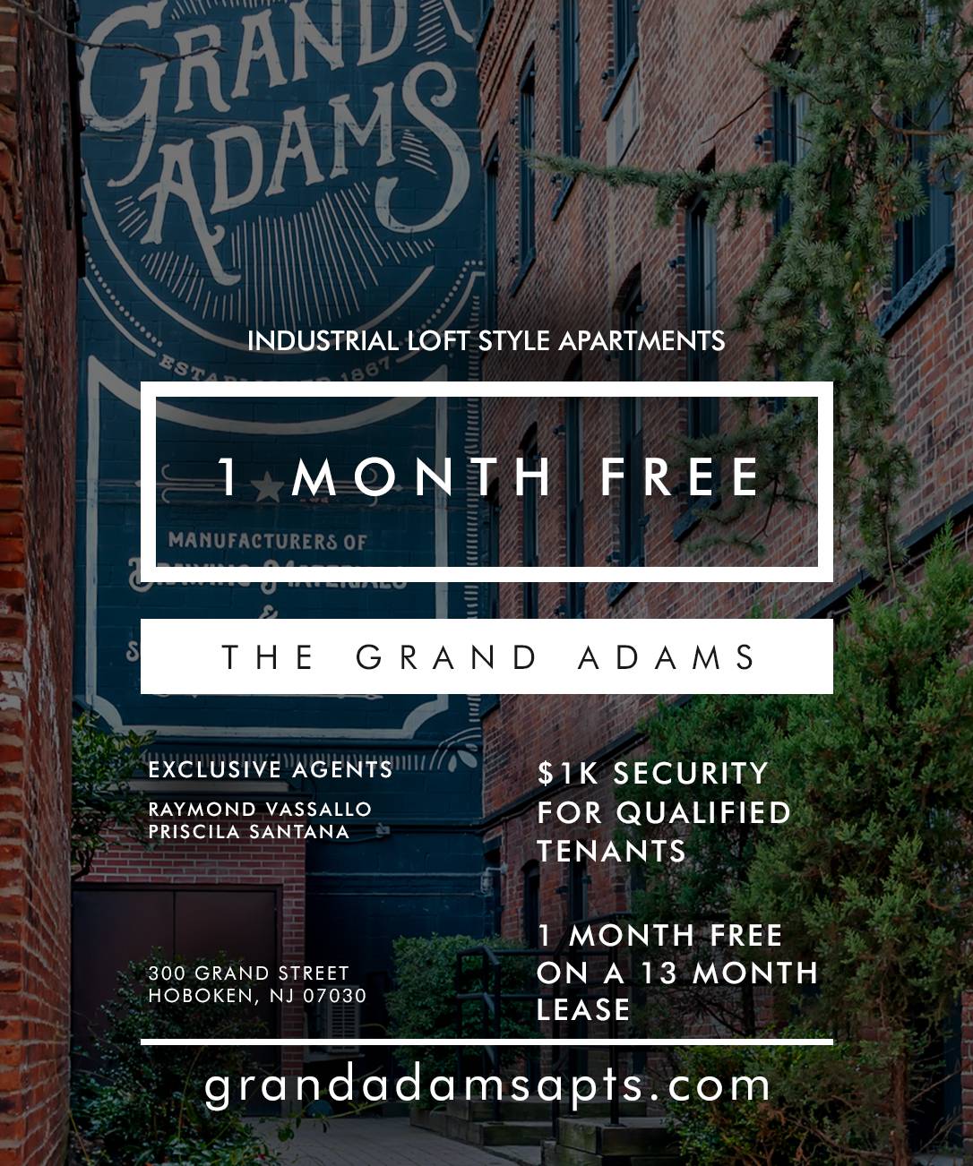 Welcome to the Historic Grand Adams Hoboken! Large Open 2 Bedroom 2.5 Bath Industrial Loft Apartment with Central Heating / AC On Site! On Site Parking! Doorman! On Site Covered Parking! Pets Welcome!