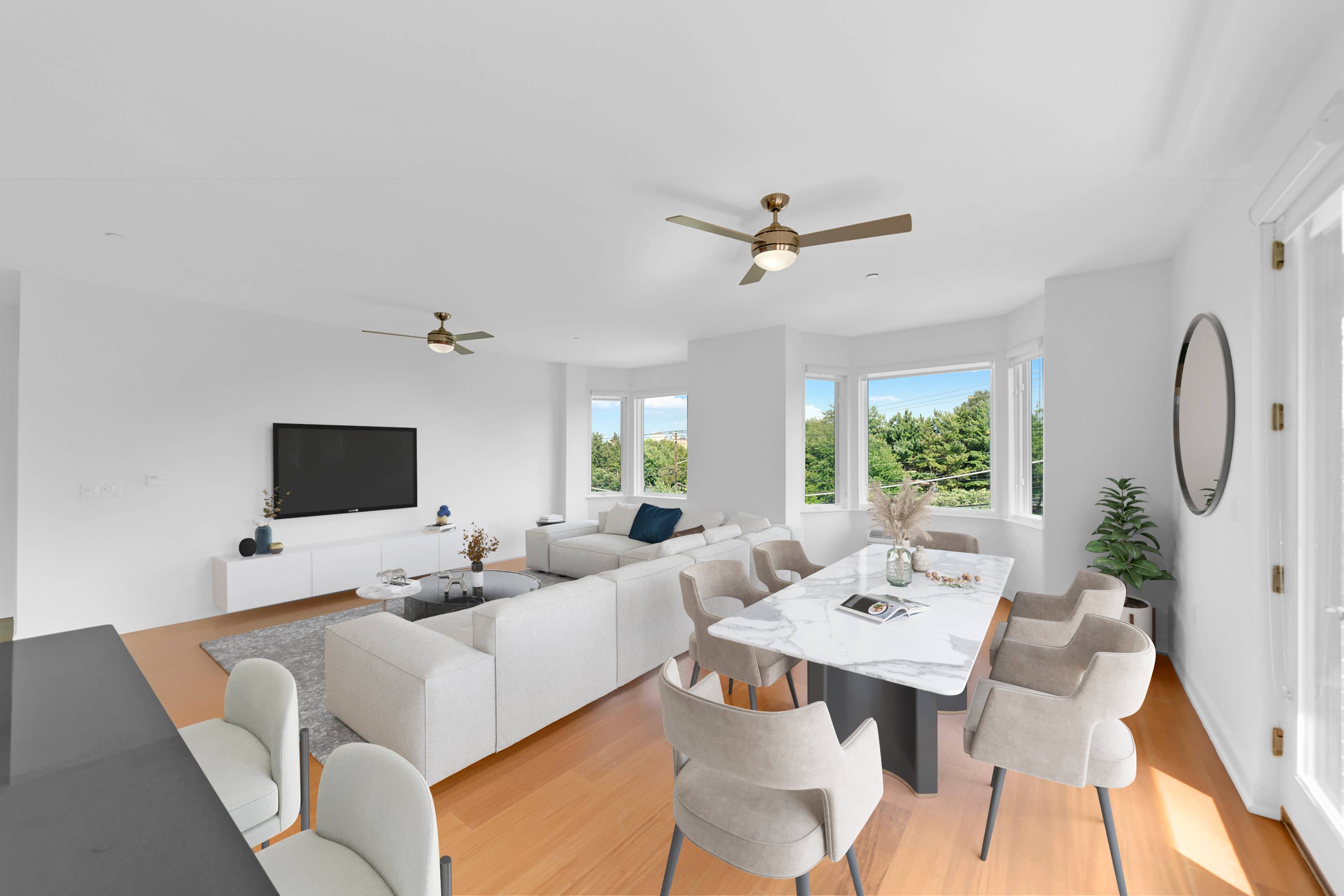 Residence #312 is an oversized 2 bedroom / 2 full bathroom W/ Outdoor Balcony facing NYC rental at The Infinity With High Ceilings!