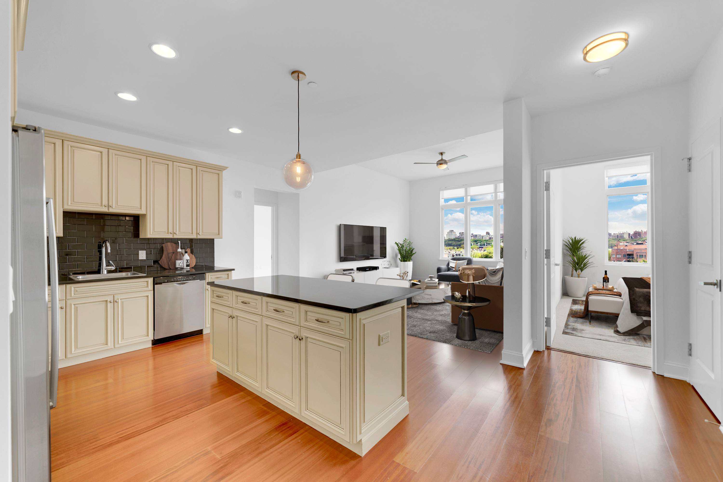 Residence #418 is an oversized 2 bedroom / 2 full bathroom rental at The Infinity with High Ceilings and NYC Views!  No Broker Fee!
