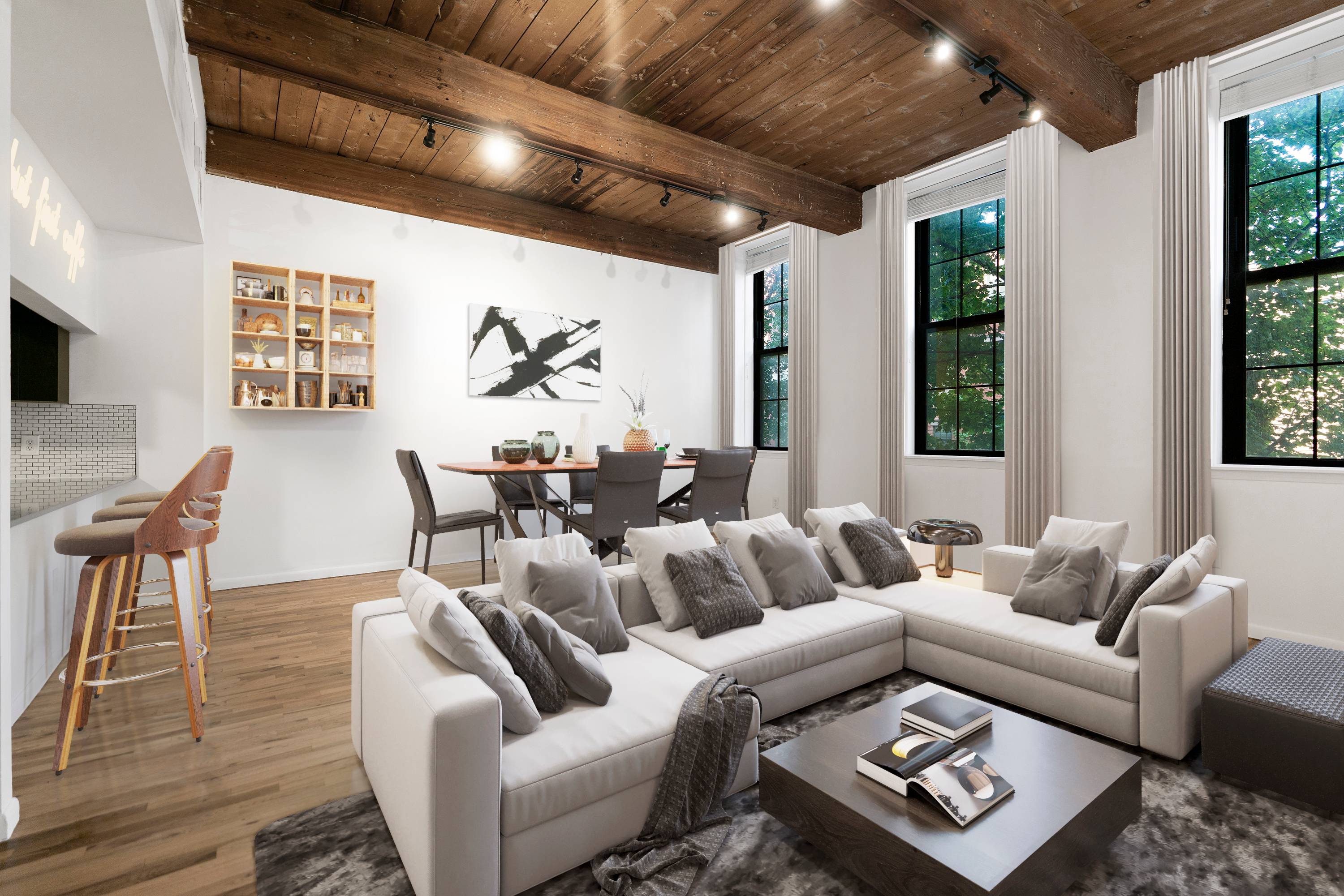 Rarely Available 3 Bedroom, 1.5 Bathroom located at the Grand Adams in Hoboken NJ!  Soaring 11' Ceilings with Wood Ceilings! Duplex with Washer/Dryer In Unit!