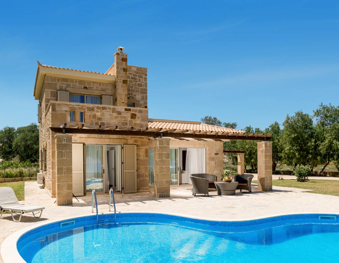 Beachfront Stone Villa with Rooftop Aegean Panorama — 3-Bedroom, Private Pool