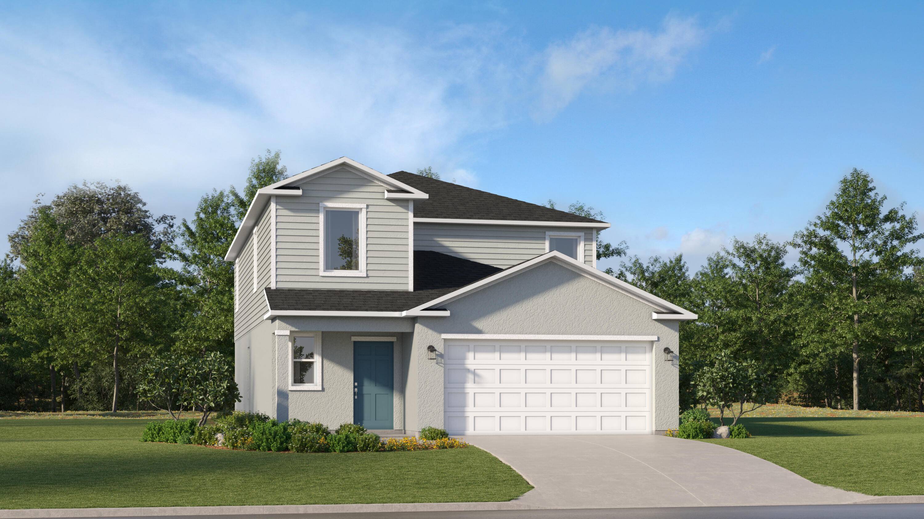 This two story home highlights a modern open layout, seamlessly integrating a first floor kitchen with a central island, a dining room and a welcoming family room with patio access.