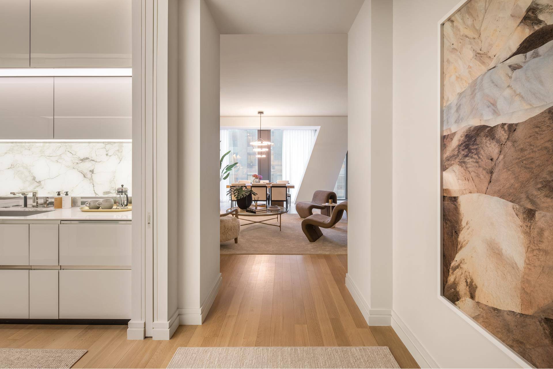 Residence 16F comprises 1, 425 square feet, offering one bedroom, one and a half bathrooms, and south and north facing exposures.
