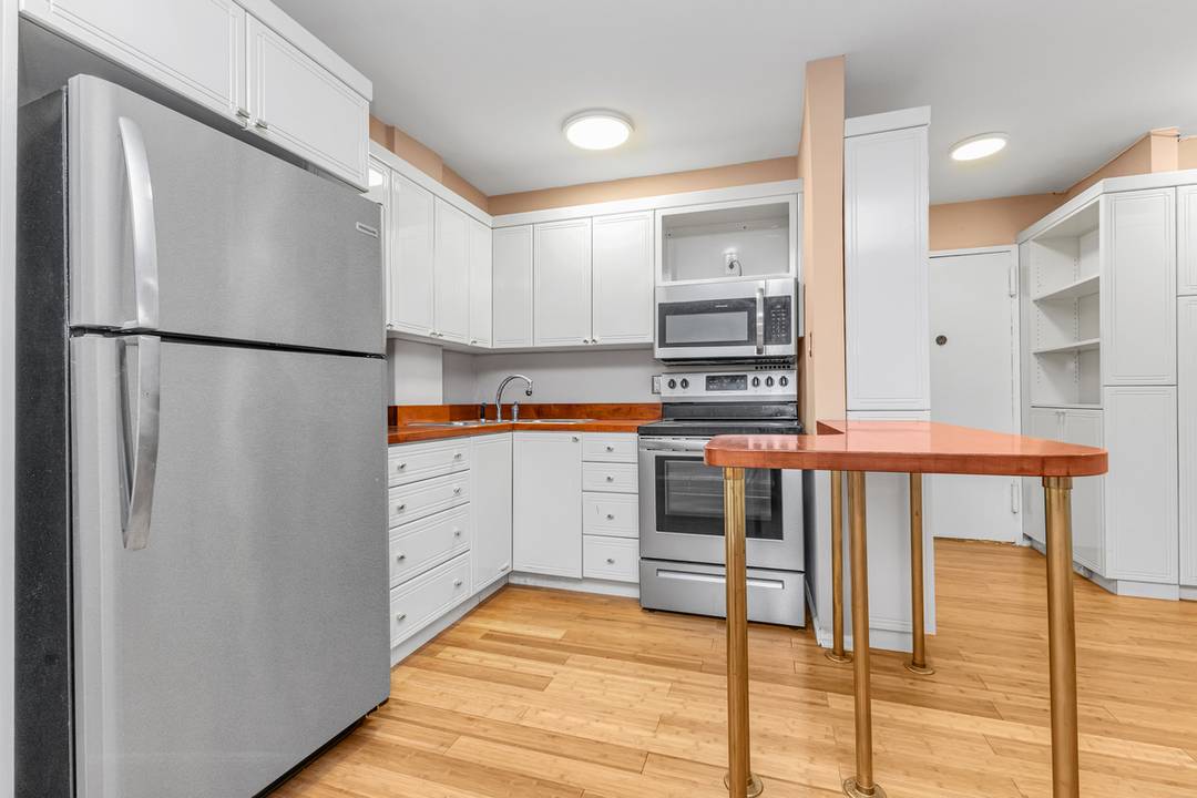 Charming studio with renovated open kitchen with stainless steel appliances, custom cabinets, and beautiful breakfast bar.
