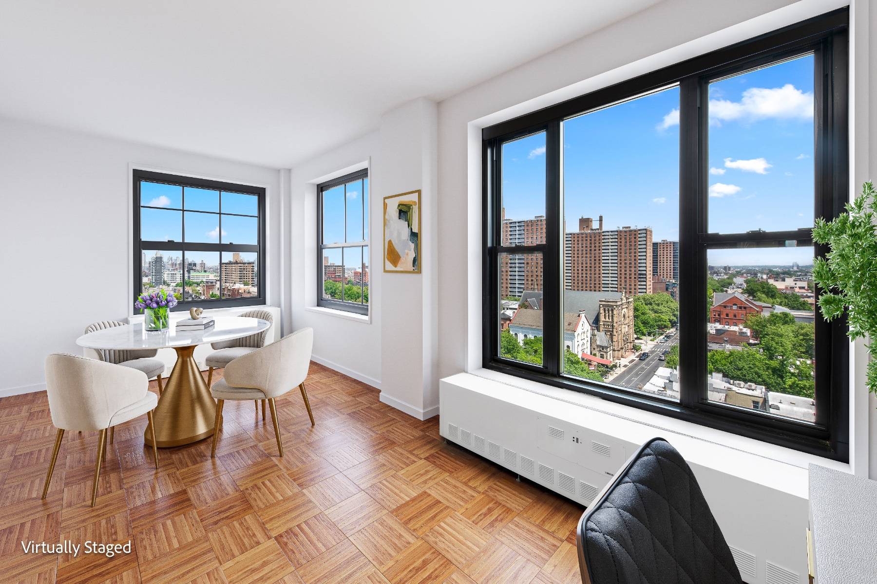 This sun drenched convertible 2 bedroom corner apartment, perched atop the iconic Clinton Hill Co ops, features expansive, unobstructed views of the city.