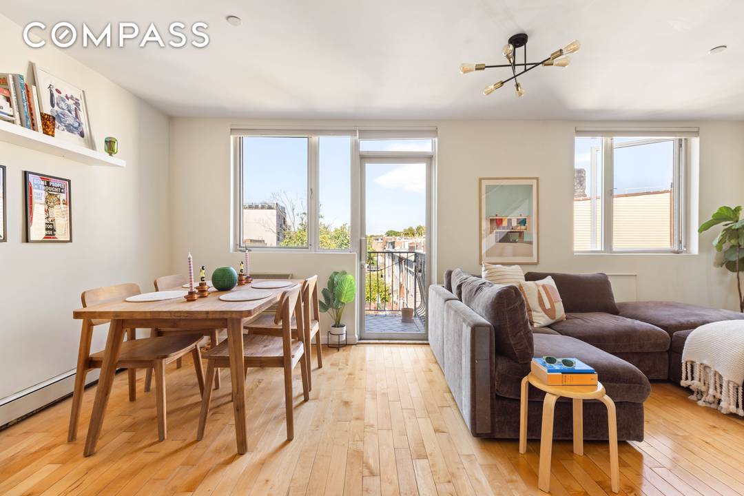 Welcome to 93 Wyckoff Avenue, Unit 4B a sun filled penthouse duplex offering two bedrooms, two and a half bathrooms, and exceptional private outdoor space in the heart of Bushwick.