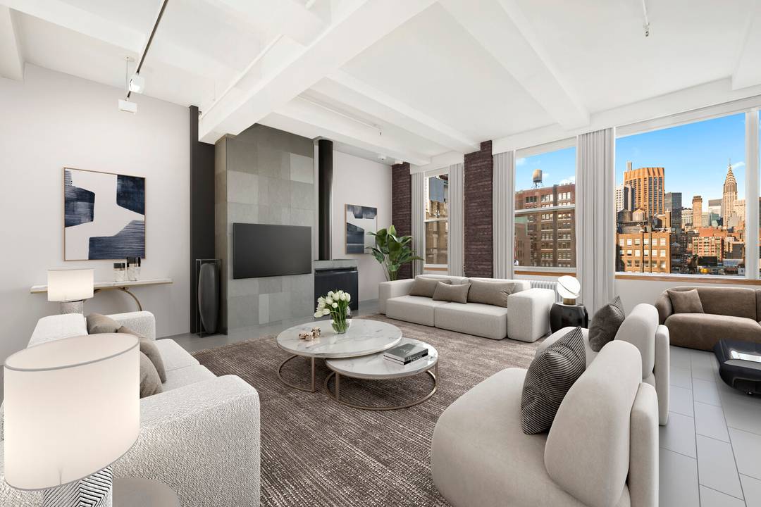 This expansive penthouse offers four exposures, five bedrooms, three full baths, powder room, central air conditioning, private laundry, open views, phenomenal light, and exceptional flexibility for modern living.