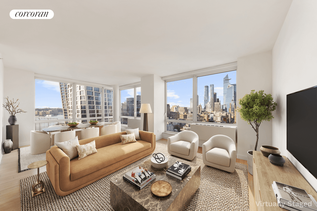 Soaring above The High Line and West Chelsea with panoramic views of the iconic Manhattan skyline including Hudson River, Starchitect architecture, Hudson Yards, London Terrace, One Vanderbilt, Chrysler, Empire State, ...