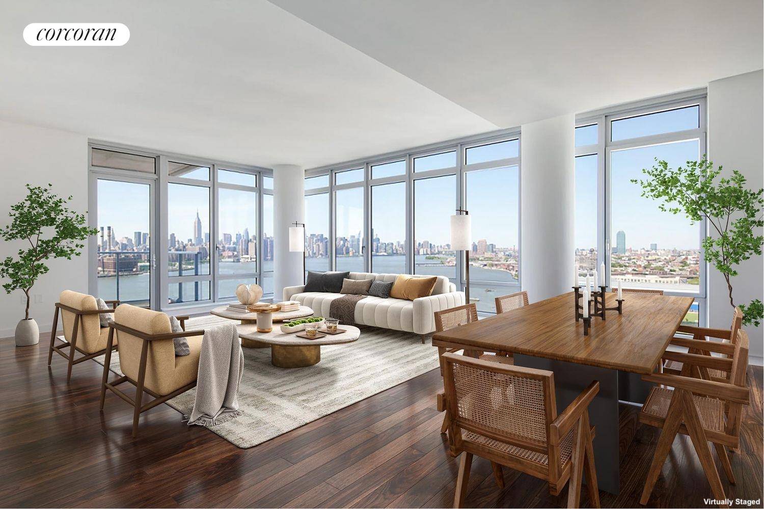 Stunning Manhattan and river views from this coveted K line, 1810 SF 3 bedroom home in prime Williamsburg at 2 Northside Piers.