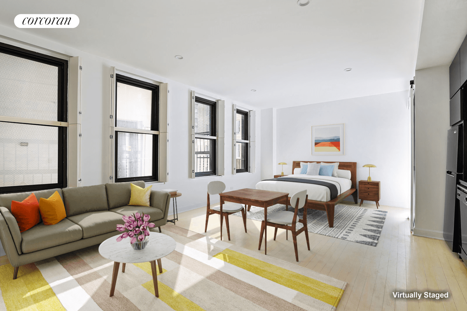 56 Pine Street 11C is a bright studio with 5 large windows and central AC in the Cambridge Club, a boutique condo with a part time doorman and an entire ...