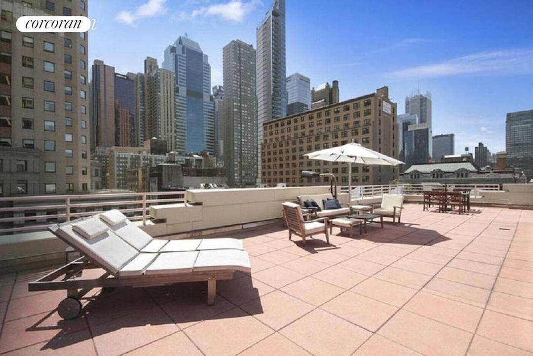 Residence 7C at 350 West 50th Street is one of a kind one bedroom condominium with a magnificent 1, 133 square foot private terrace facing South, East and West.