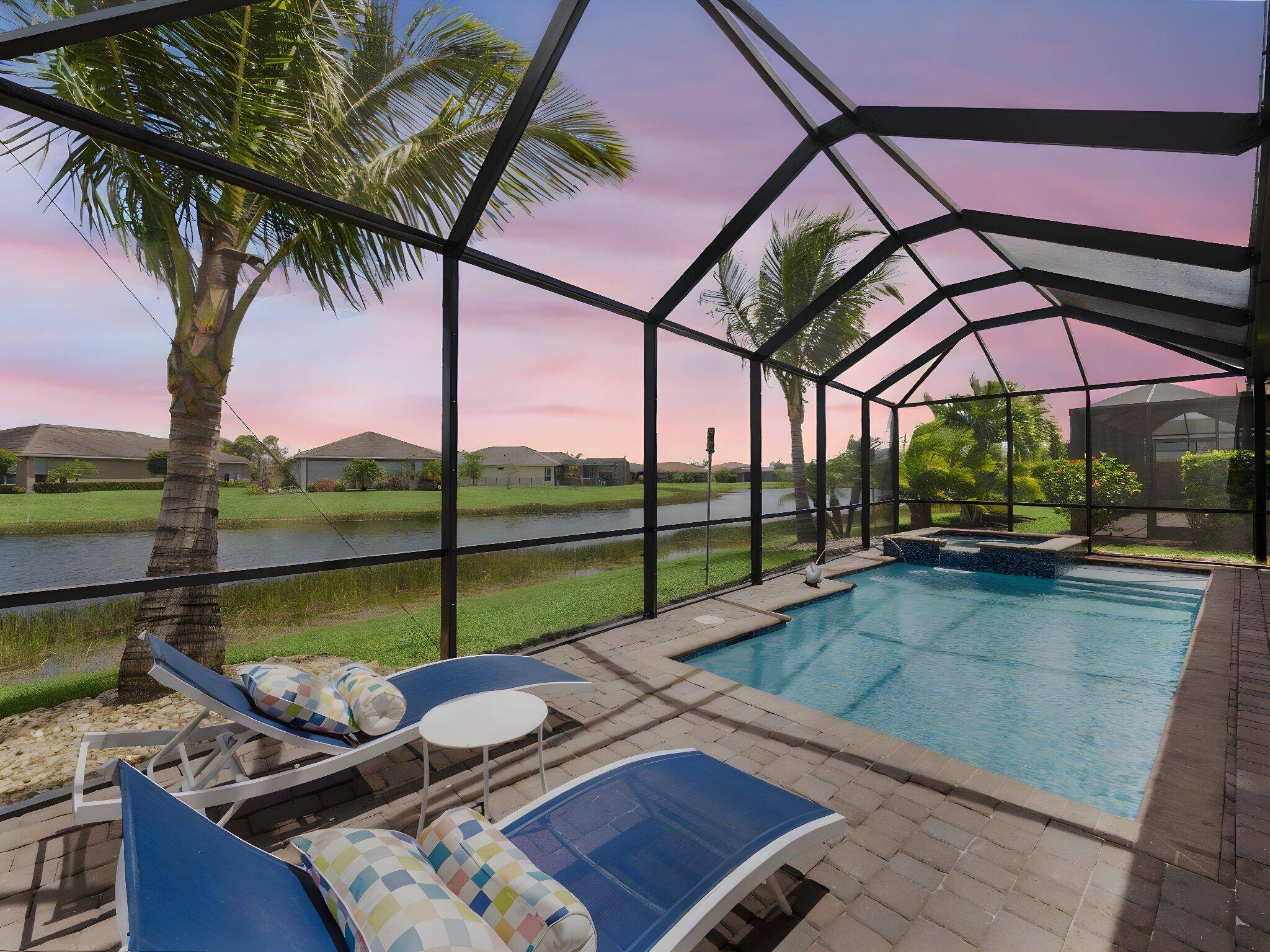 Experience resort style living in this stunning 2 bedroom, 2 bathroom lakefront pool and spa home located in the vibrant 55 community of Vitalia at Tradition.
