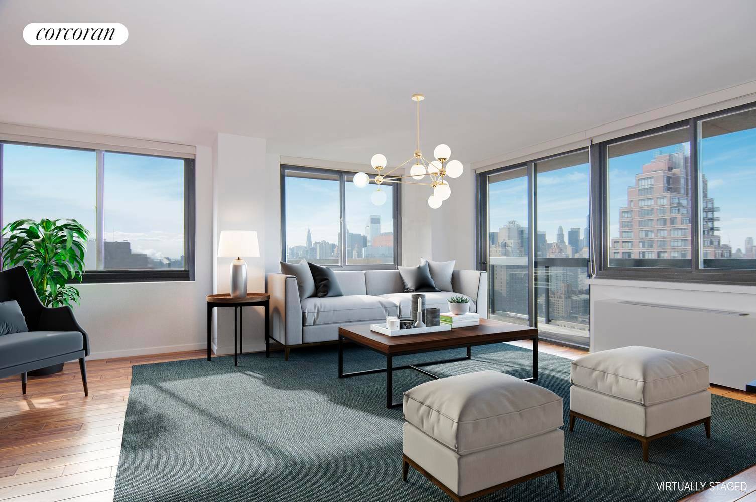 This spacious corner 1, 838 SF three bedroom two and a half bathroom apartment with private wraparound terrace is flooded with natural light and thoughtfully designed.