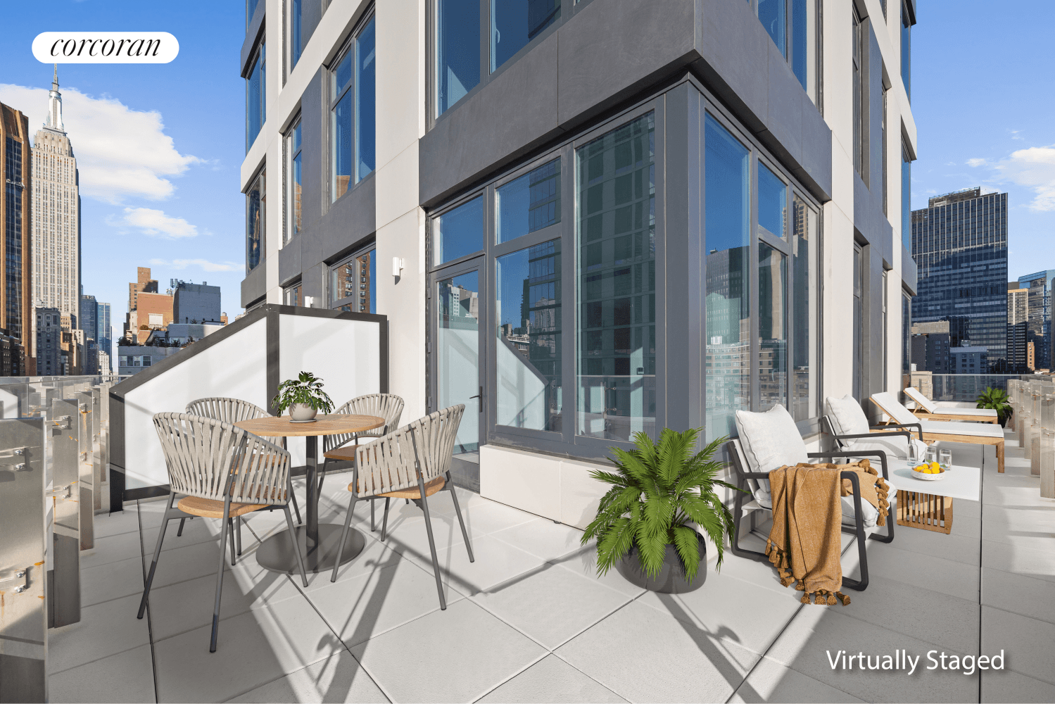 Welcome to Residence A, a corner unit one bedroom with a private wrap terrace facing north, south, and west featuring remarkable unobstructed city and Empire State views.