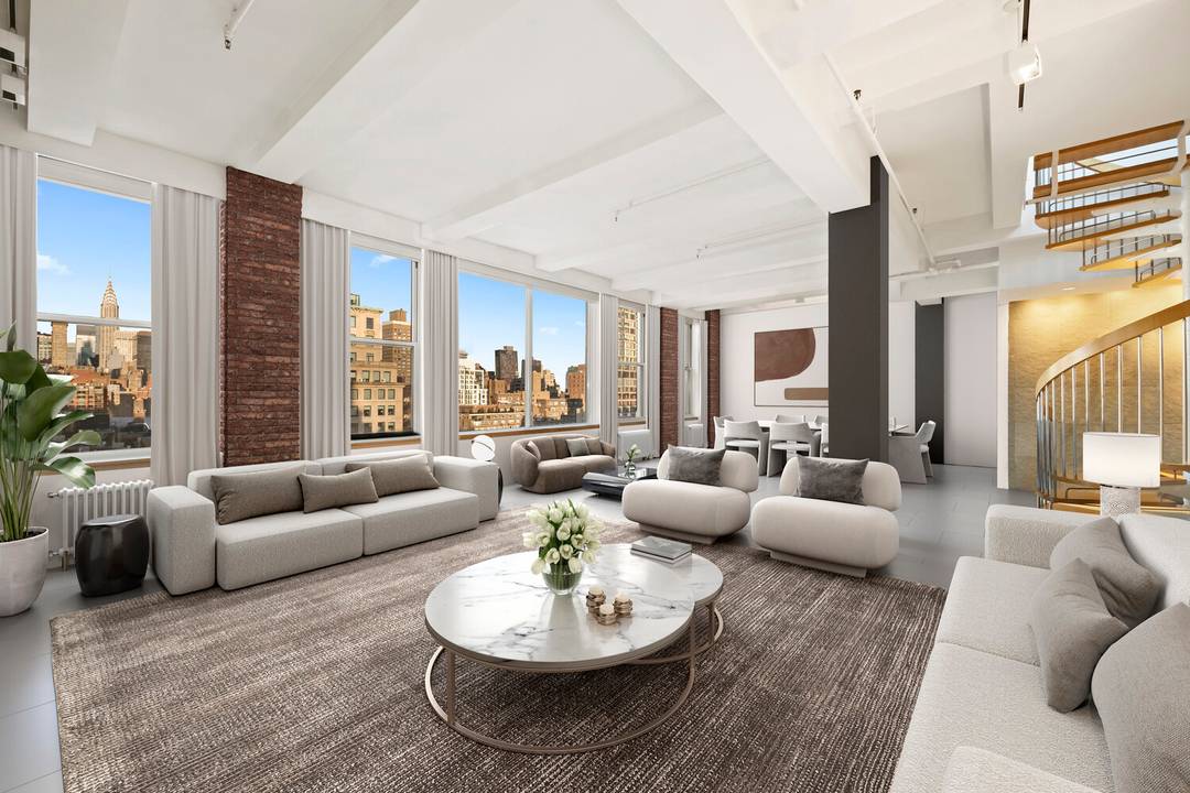 This expansive penthouse offers four exposures, five bedrooms, three full baths, powder room, central air conditioning, private laundry, open views, phenomenal light, and exceptional flexibility for modern living.