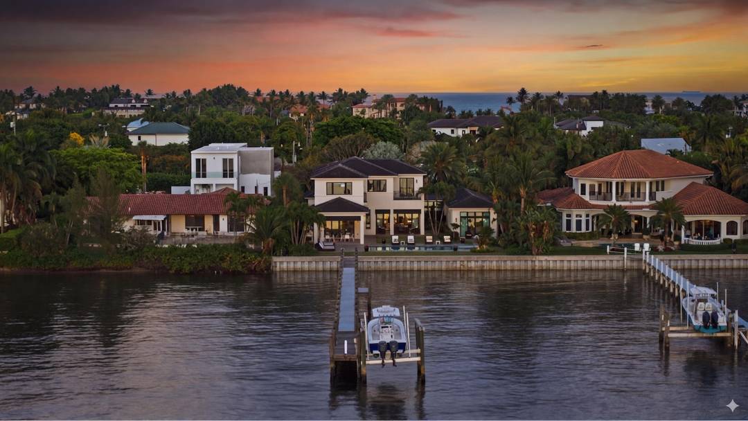 Welcome to an exceptional direct Intracoastal estate on exclusive Hypoluxo Island, masterfully built by renowned Hamptons builder Joseph Farrell.