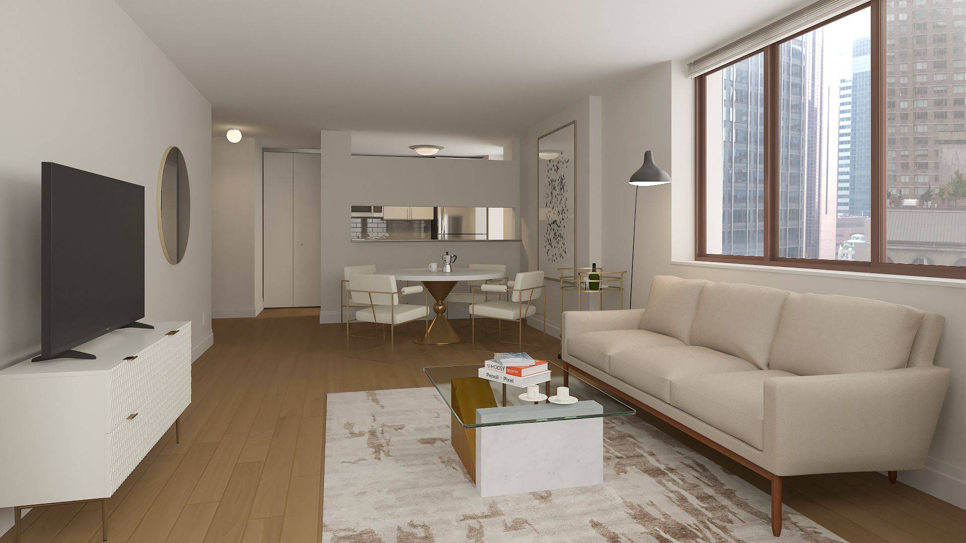 Spacious one bedroom with bonus home office space with window, multiple closets including a walk in, and a gourmet kitchen with stainless steel appliances and stone countertops.