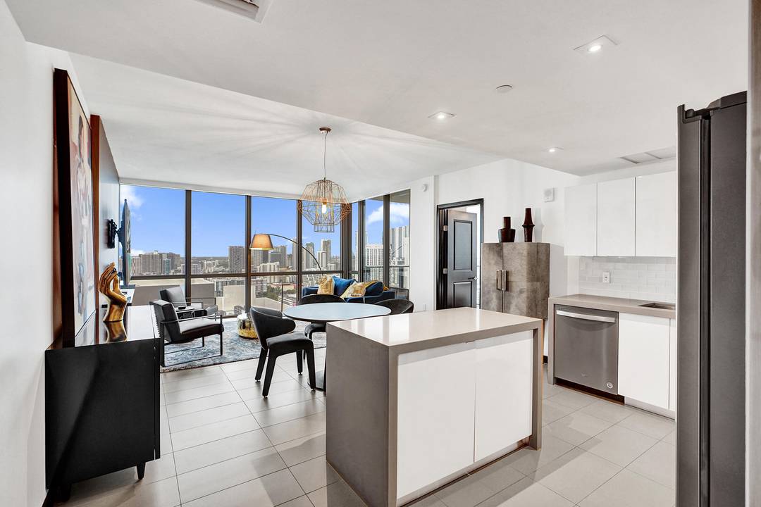 Fully furnished 2 bedroom, 2 bath residence on the 34th floor at Canvas Miami, featuring expansive east facing views of Biscayne Bay, Edgewater, and the Miami skyline, with direct views ...