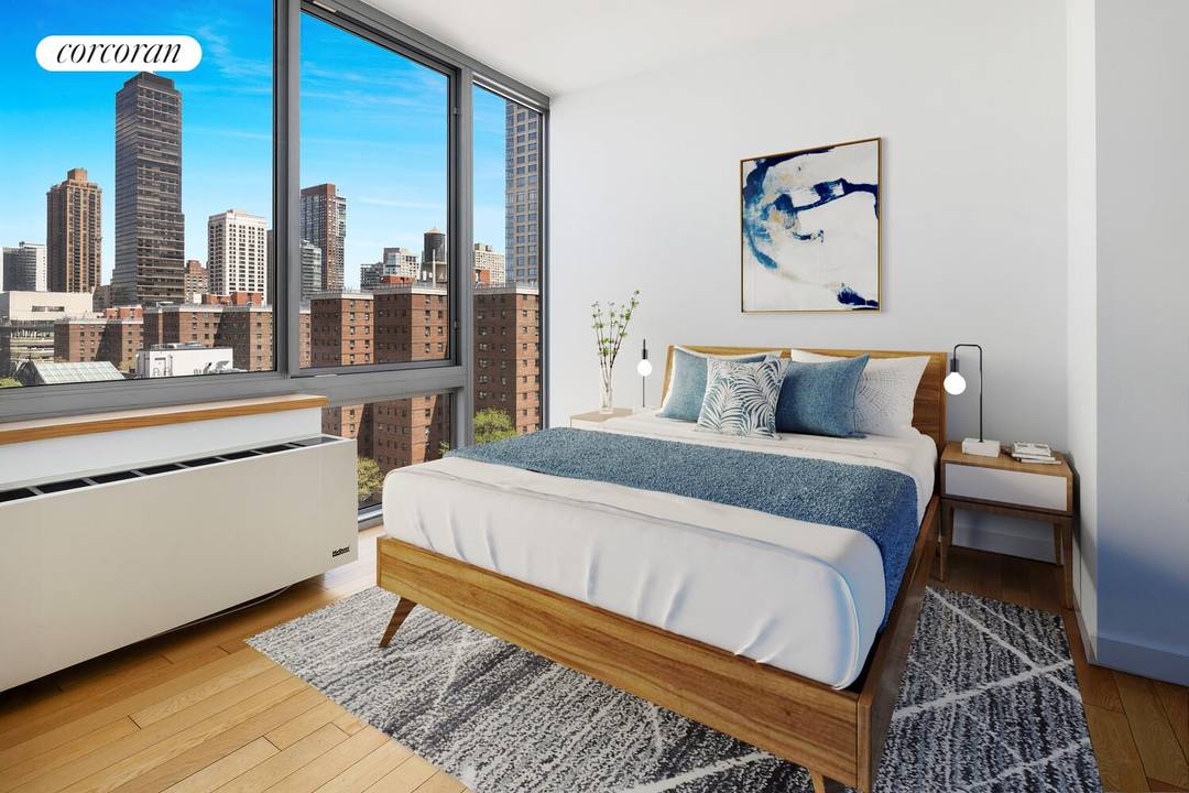 Sunlit two bedroom, two bathroom condominium with city views and in unit washer and dryer.