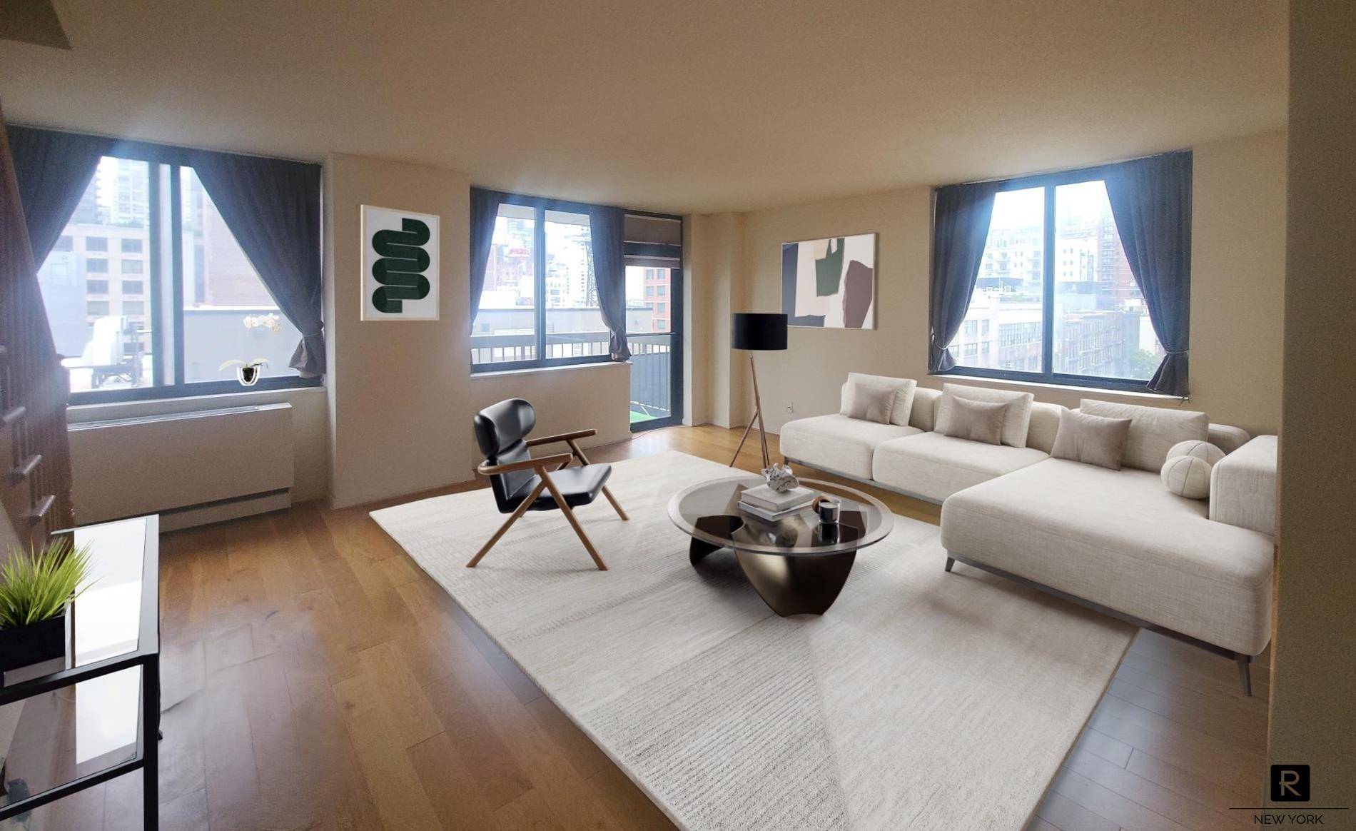 This spacious duplex one bedroom easily convertible to 2 one and a half bathroom corner apartment is airy and bright with open city views to the south and west.