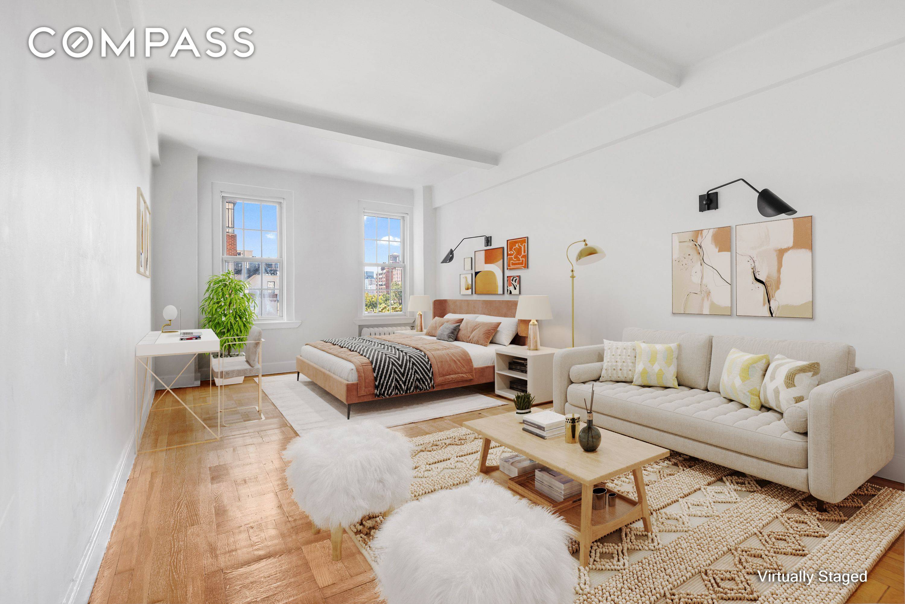 Discover an exceptional, sun soaked studio on the 9th floor of the historic 24 Fifth Avenue, designed by Emery Roth.