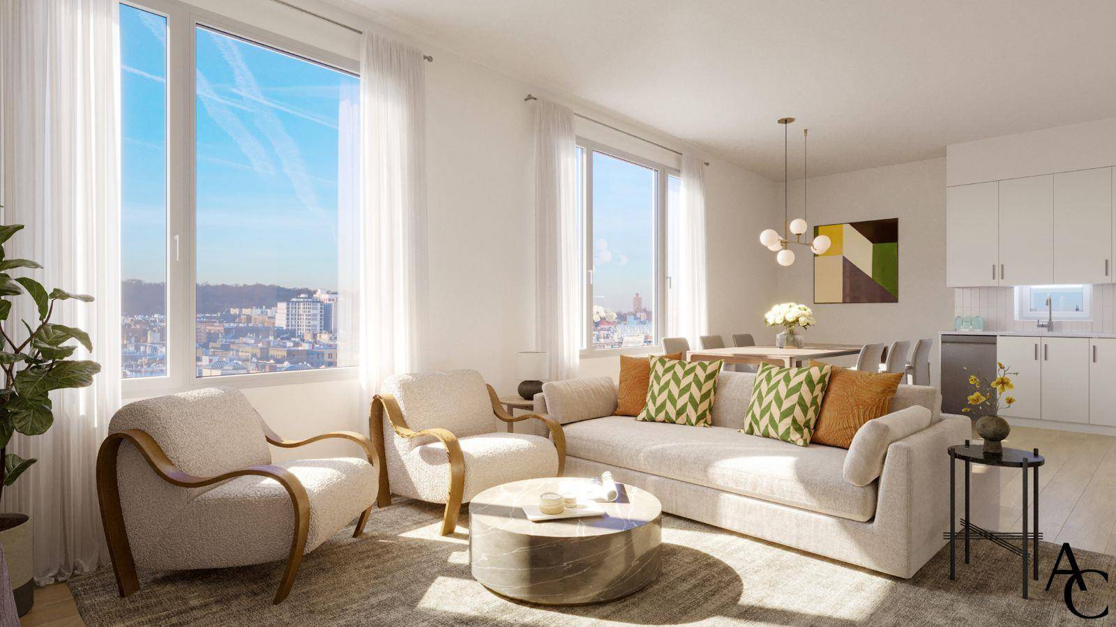 Welcome to Residence 2C, a beautifully crafted one bedroom, one bathroom corner home spanning 675 square feet.