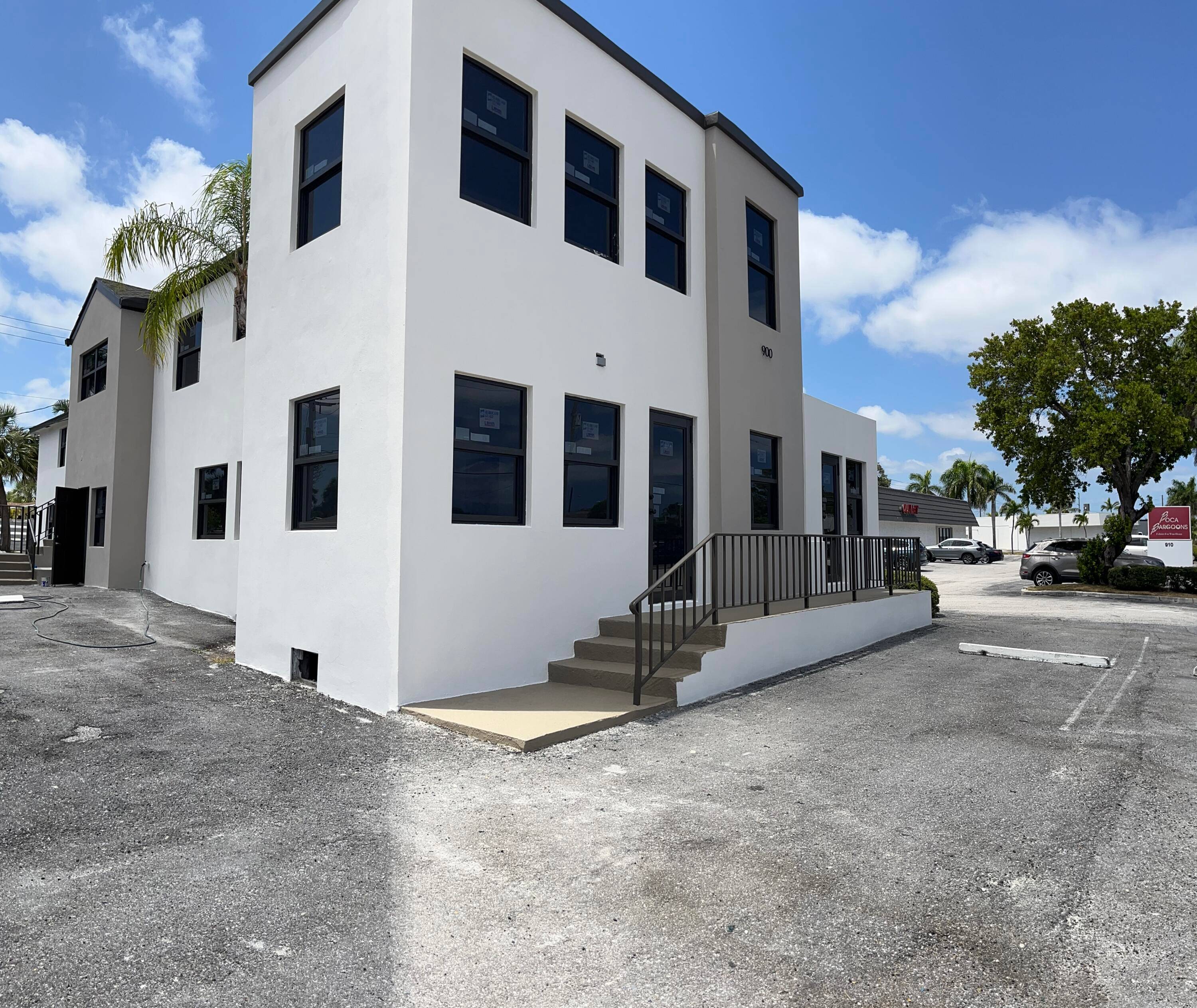 Corner unit with 3 private offices a reception area and bathroom.