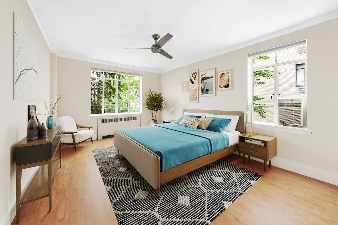 Unit 1CW at Chelsea Gardens is a pre war one bedroom apartment, elevated above the garden, that feels like it's on the second floor.