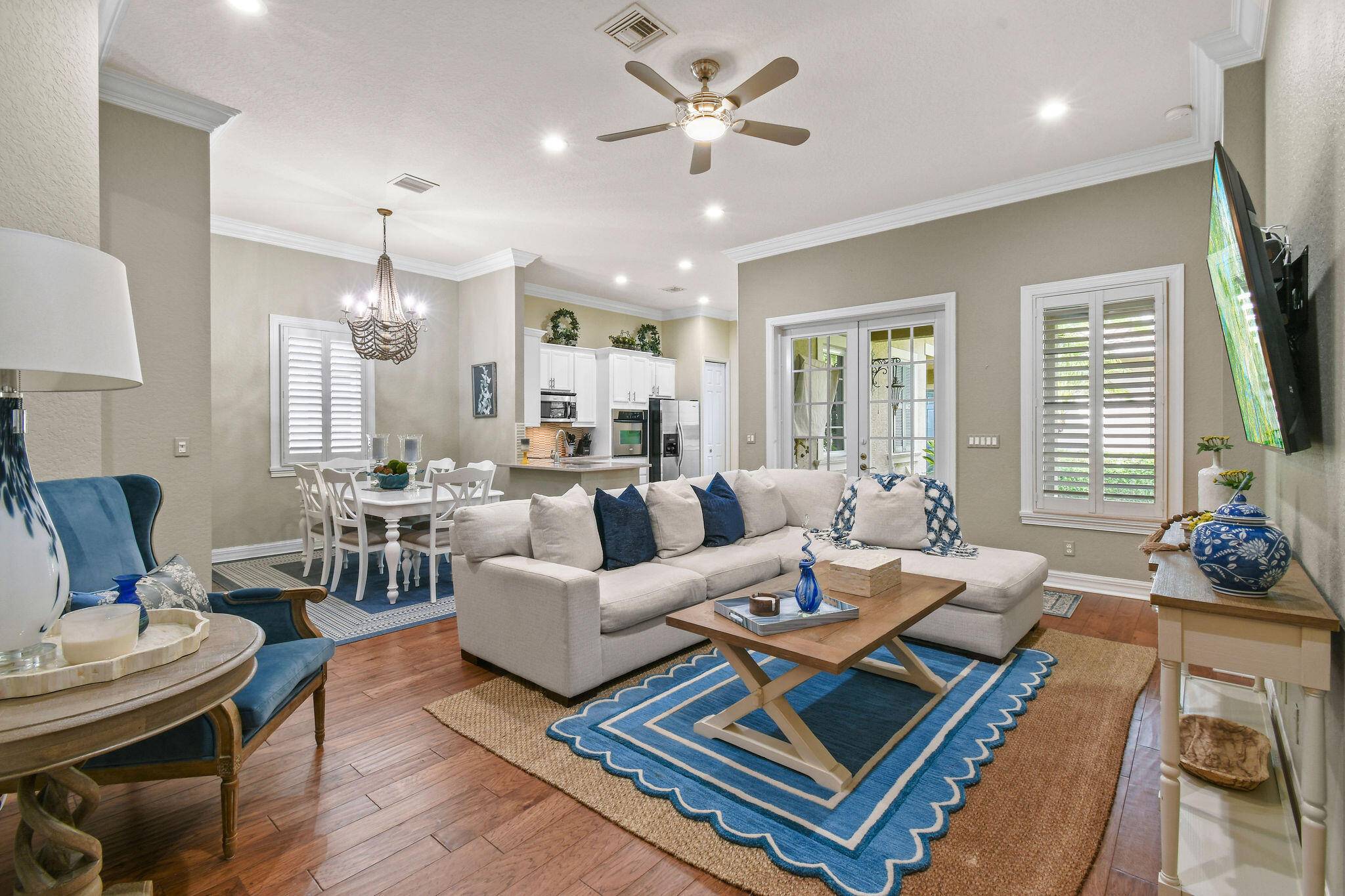 Incredible opportunity to lease this FURNISHED ''turn key'' coastal inspired 2BR Den Office or 3rd BR, 2BA home in Canterbury Place at Abacoa.