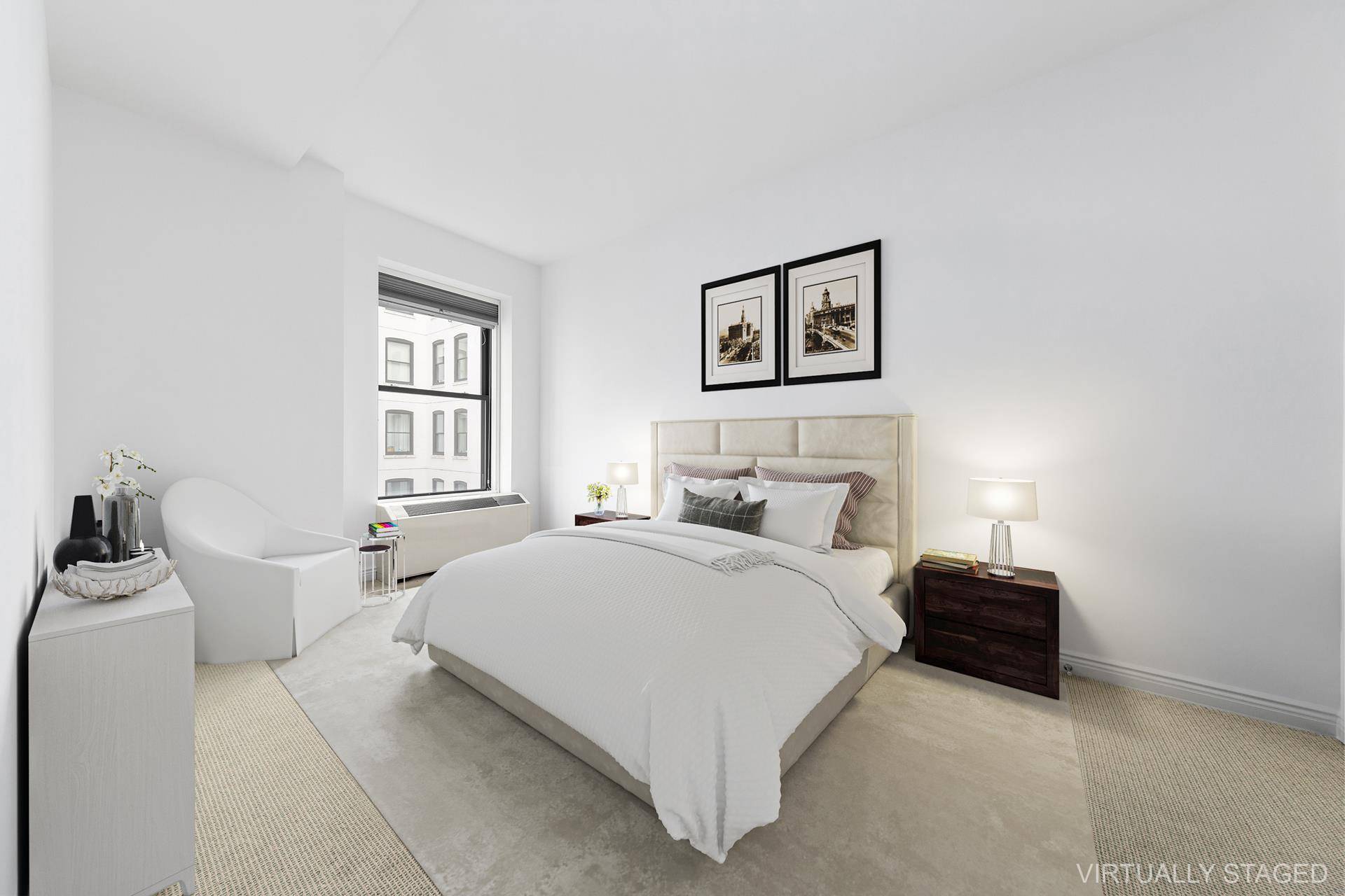 This oversized 917 SF loft like 1 Bedroom with courtyard garden views and a home office features an open kitchen, lavish 5 fixture marble bathroom, central air conditioning, washer and ...