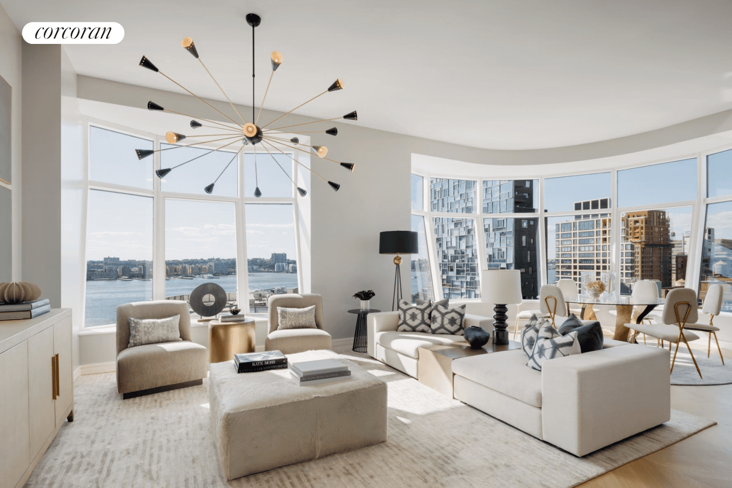 VIEWS FOR MILES OVER THE HUDSON RIVER AND SPARKLING CITY SKYLINE FROM THIS HIGH FLOOR THREE BEDROOM HOME.