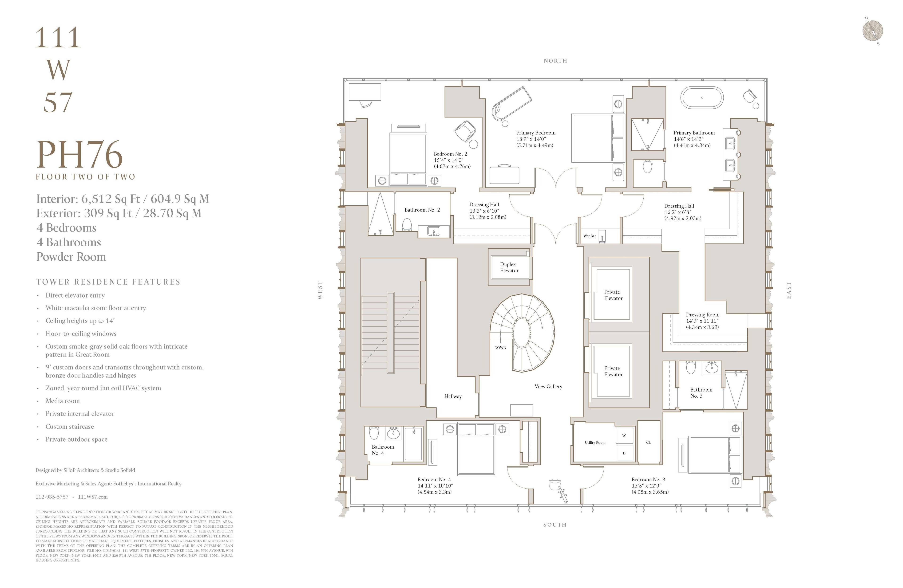IMMEDIATE OCCUPANCY Designed by the award winning Studio Sofield, recognized for their impeccable quality of craftsmanship, this spectacular Duplex Penthouse offers 6, 512 interior sq.