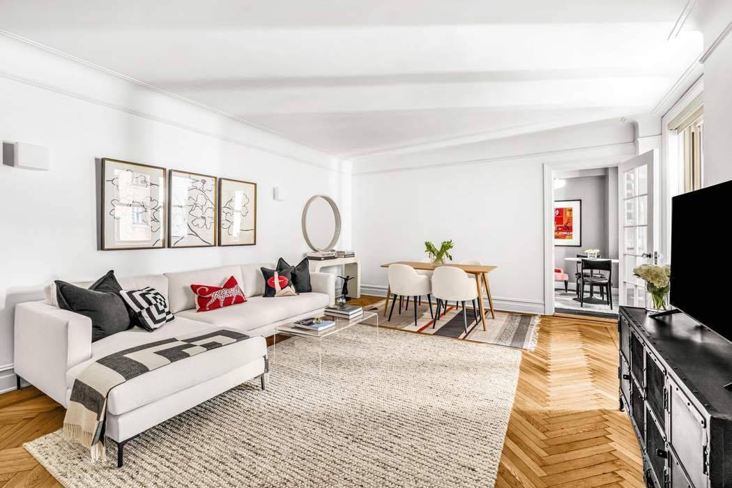 Spacious and meticulously maintained one bedroom apartment, perched on the 6th floor, showcases an elegant flow, recently refinished hardwood herringbone floors, and high ceilings.