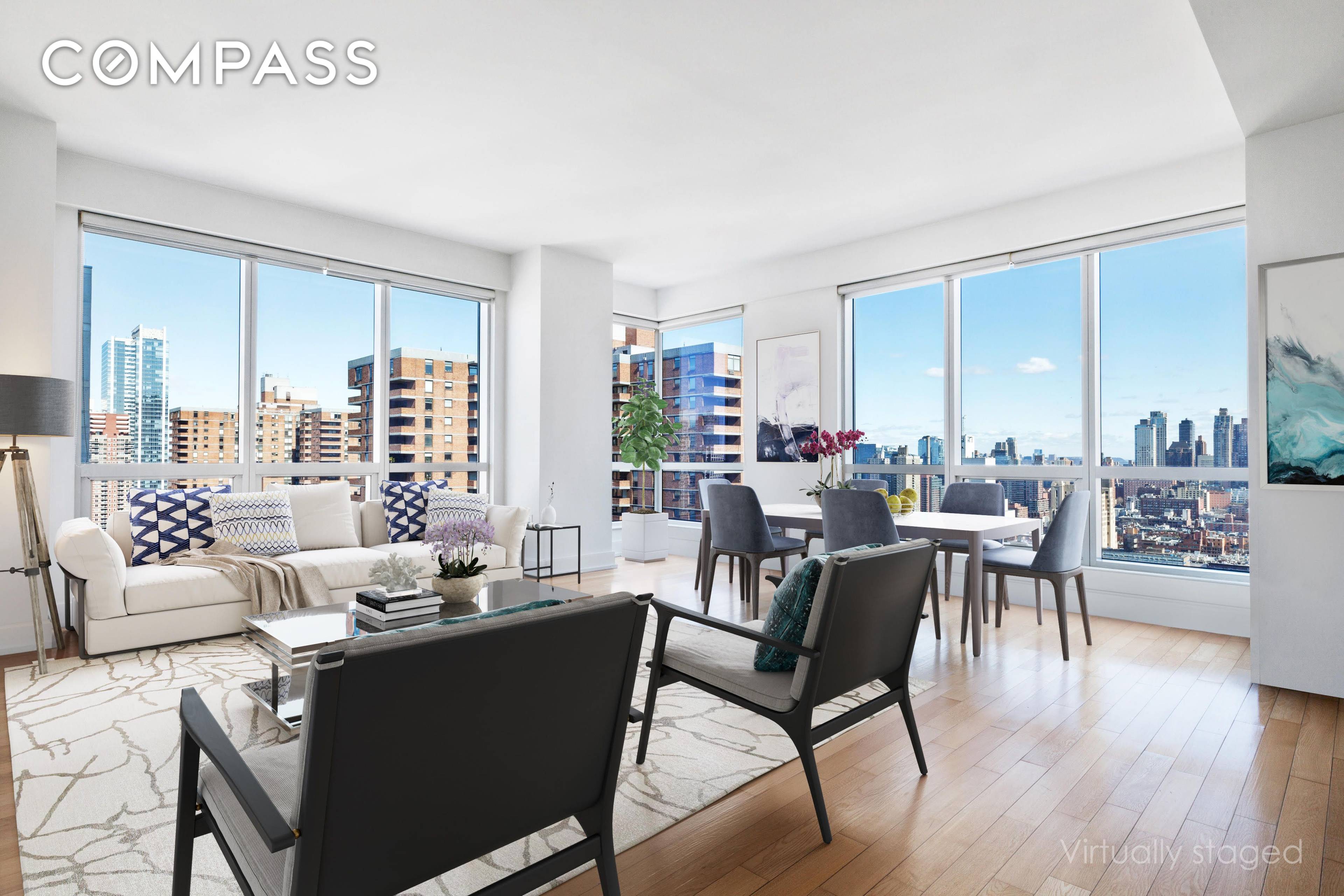 Impressive panoramic views of Downtown Manhattan, Empire State Building, and One World Trade Center from this 2 Bedroom 2 Bathroom corner unit available in the ORION condo !