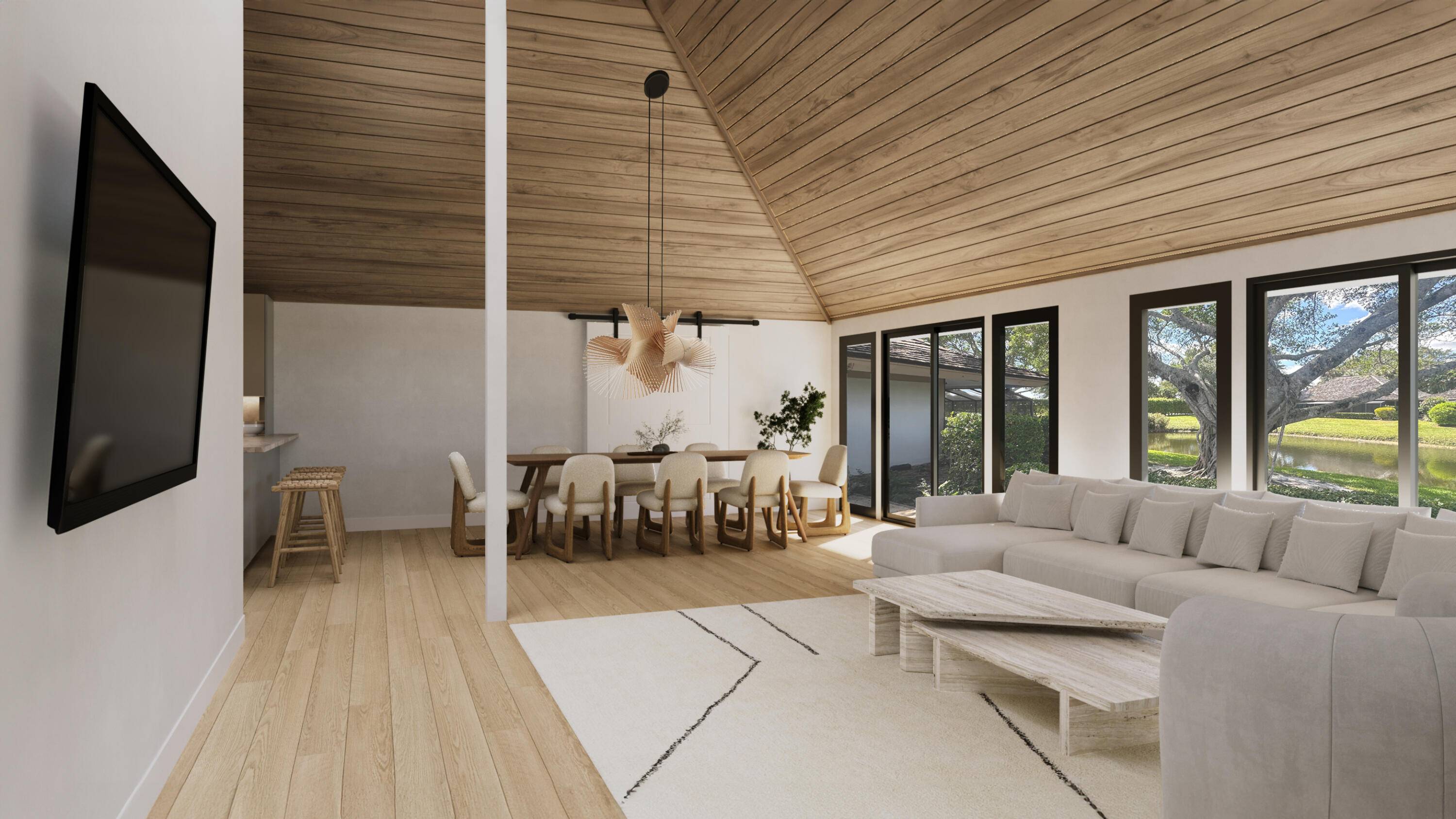 This stunning mid century modern designed bungalow not only offers luxurious interiors but also boasts an enchanting outdoor space with serene water views, providing a tranquil backdrop for outdoor entertaining.