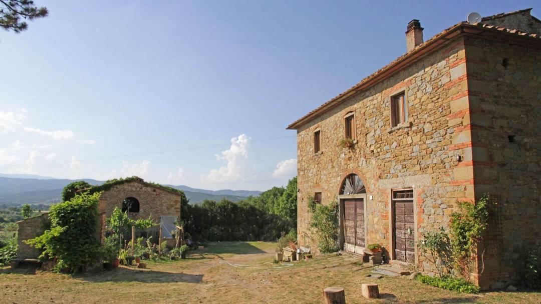 For sale near Arezzo farm with vineyard, olive grove, wood and old Leopoldino-style farmhouse with annexes. Beautiful views of the Tuscan countryside