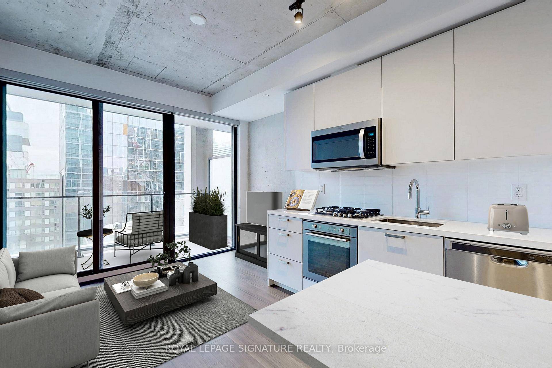 Location ! 1 Bedroom smart lay out, where floor to ceiling windows invite natural light to dance across chic exposed concrete accents.