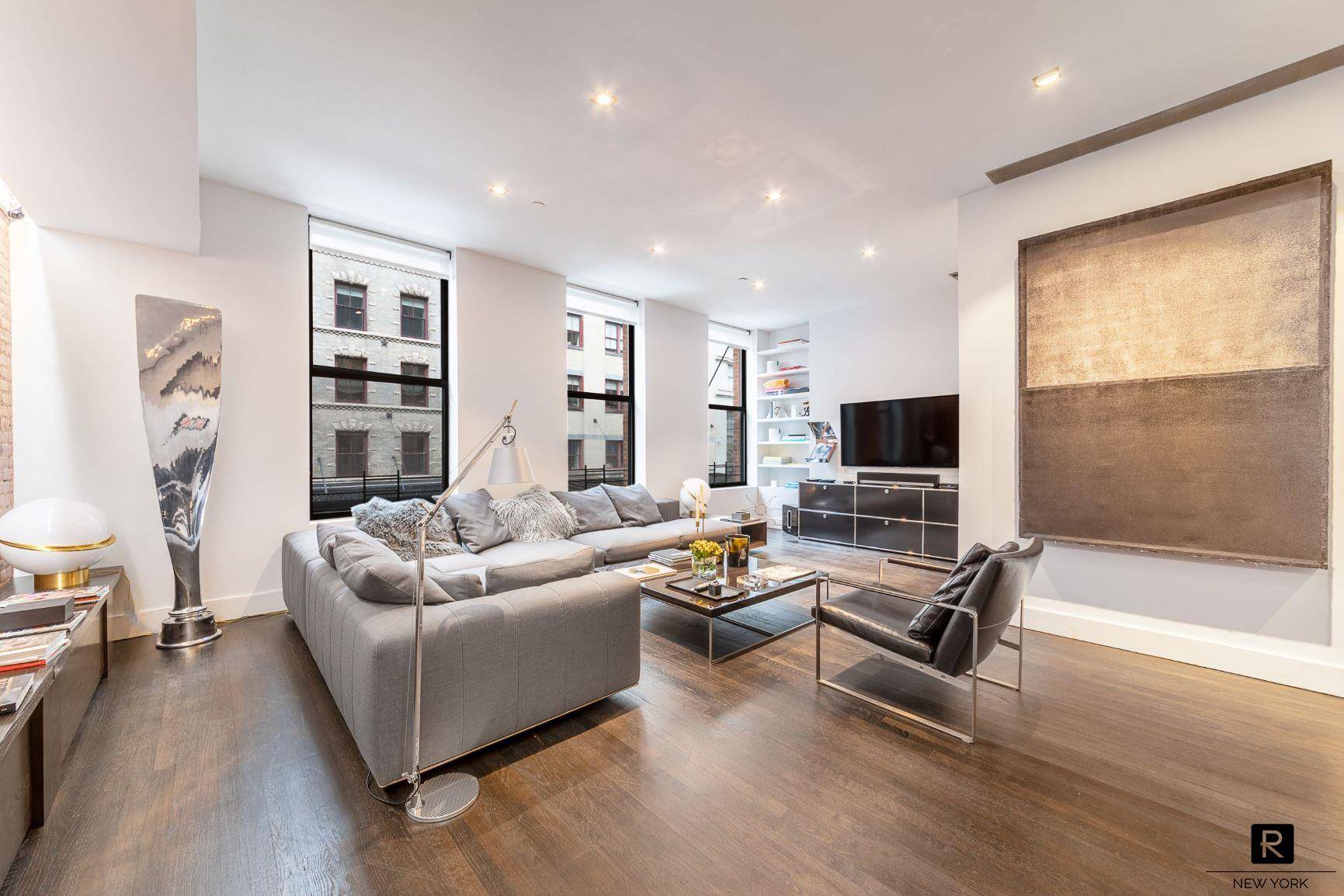 Exceptional fully furnished not available unfurnished, full floor loft in the Oakwood Condominium situated on one of the most coveted blocks in Tribeca.