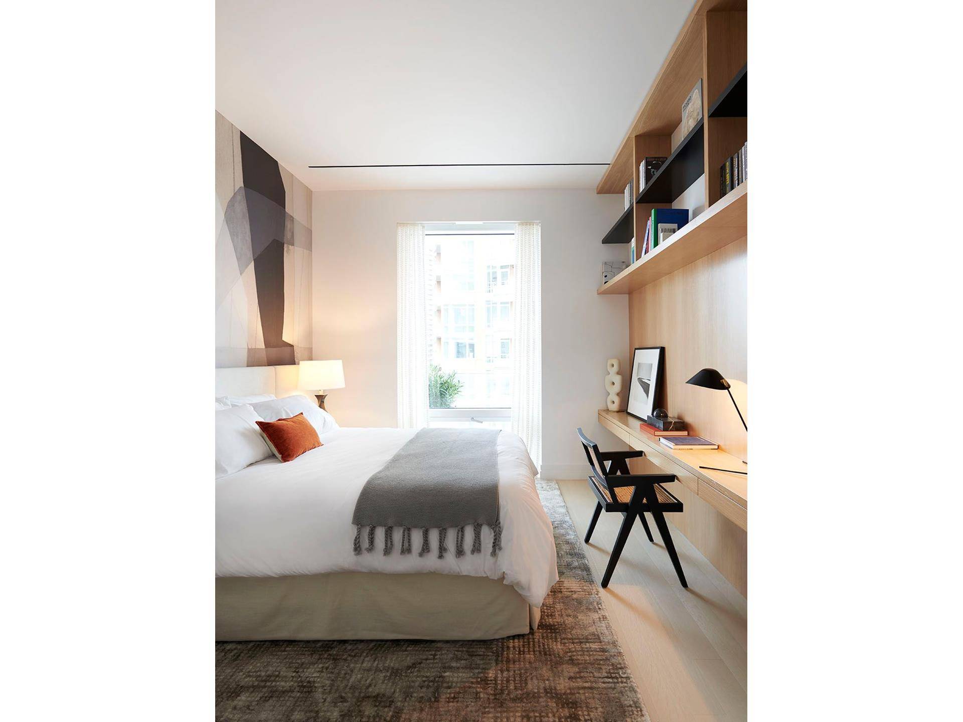 This spacious, corner 1, 416 square foot two bedroom, two and a half bath residence features a deep wraparound terrace overlooking Central Park, and western views of the Midtown skyline.