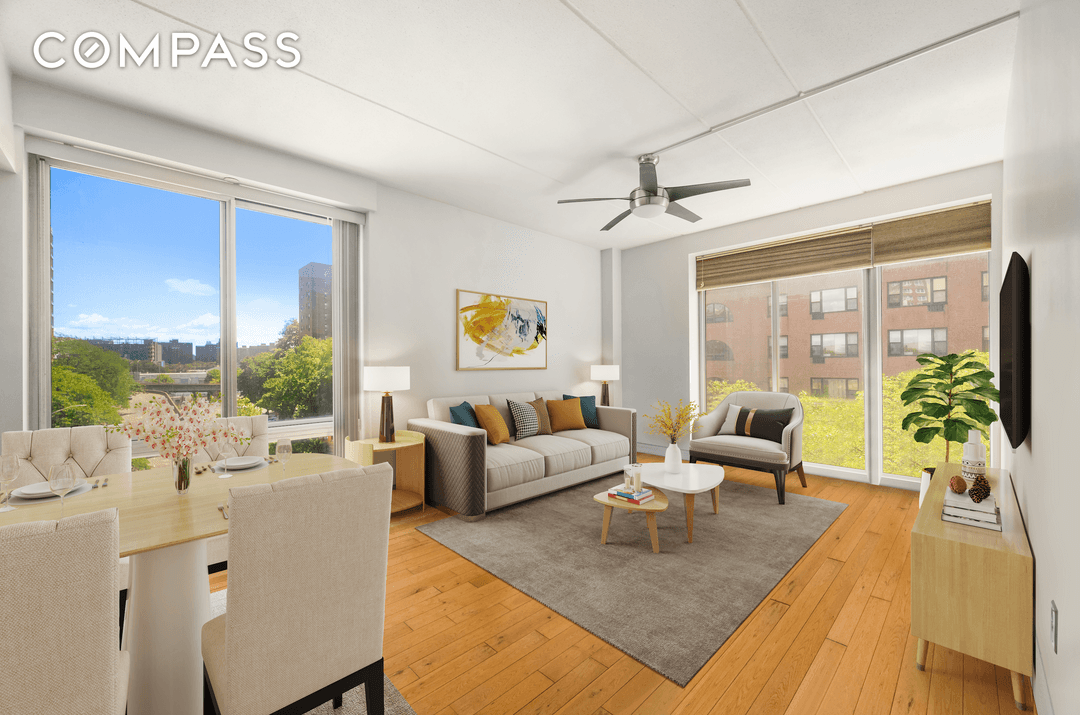 This stunning southern and Eastern Exposure corner two bedroom, one bath apartment features full size closets, gleaming hardwood floors, and oversized windows that fill the space with natural light.