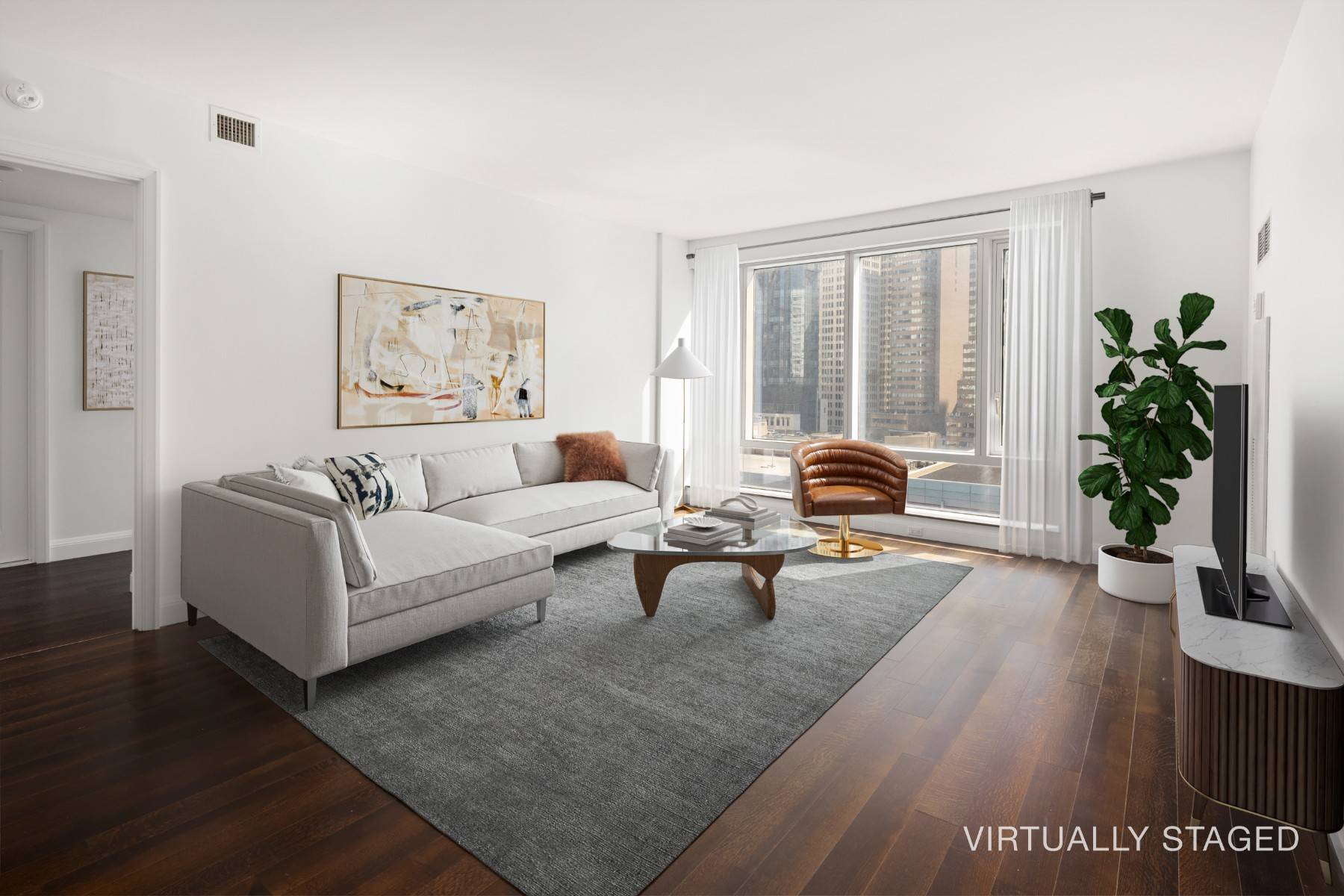 Welcome to Unit 14G at The Visionaire, where modern elegance and environmental responsibility coalesce.