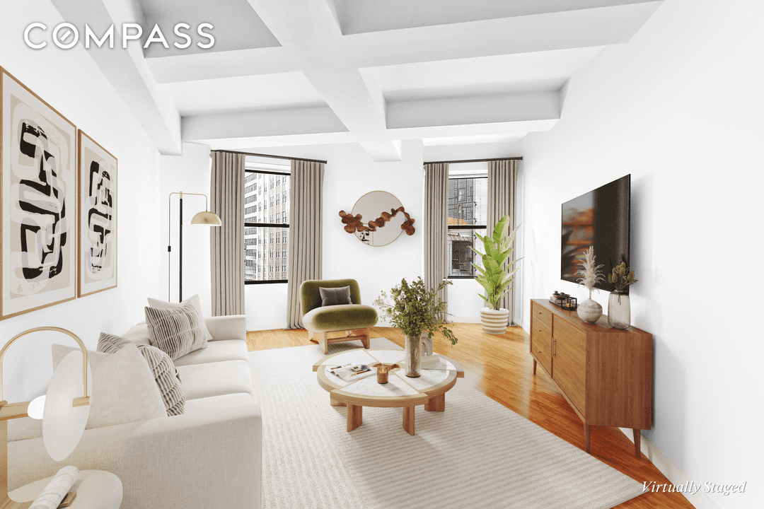 99 John Street Spacious 1 BD 1BA Loft with Home Office amp ; River Views, 11 Beamed Ceilings, Walk In Closet, and Open Kitchen in a Full Service, Art Deco ...