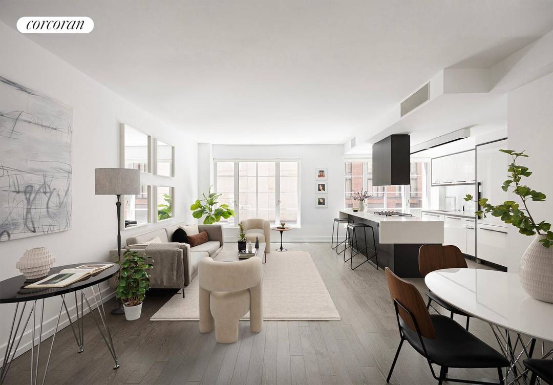Experience refined living in this expansive one bedroom, one bathroom residence, where oversized windows invite natural light with Southern exposures overlooking a beautifully landscaped courtyard.