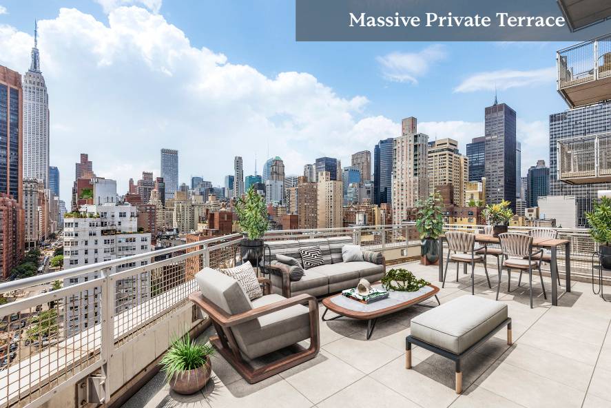 A truly unique Wraparound PRIVATE TERRACE surrounds this corner home.